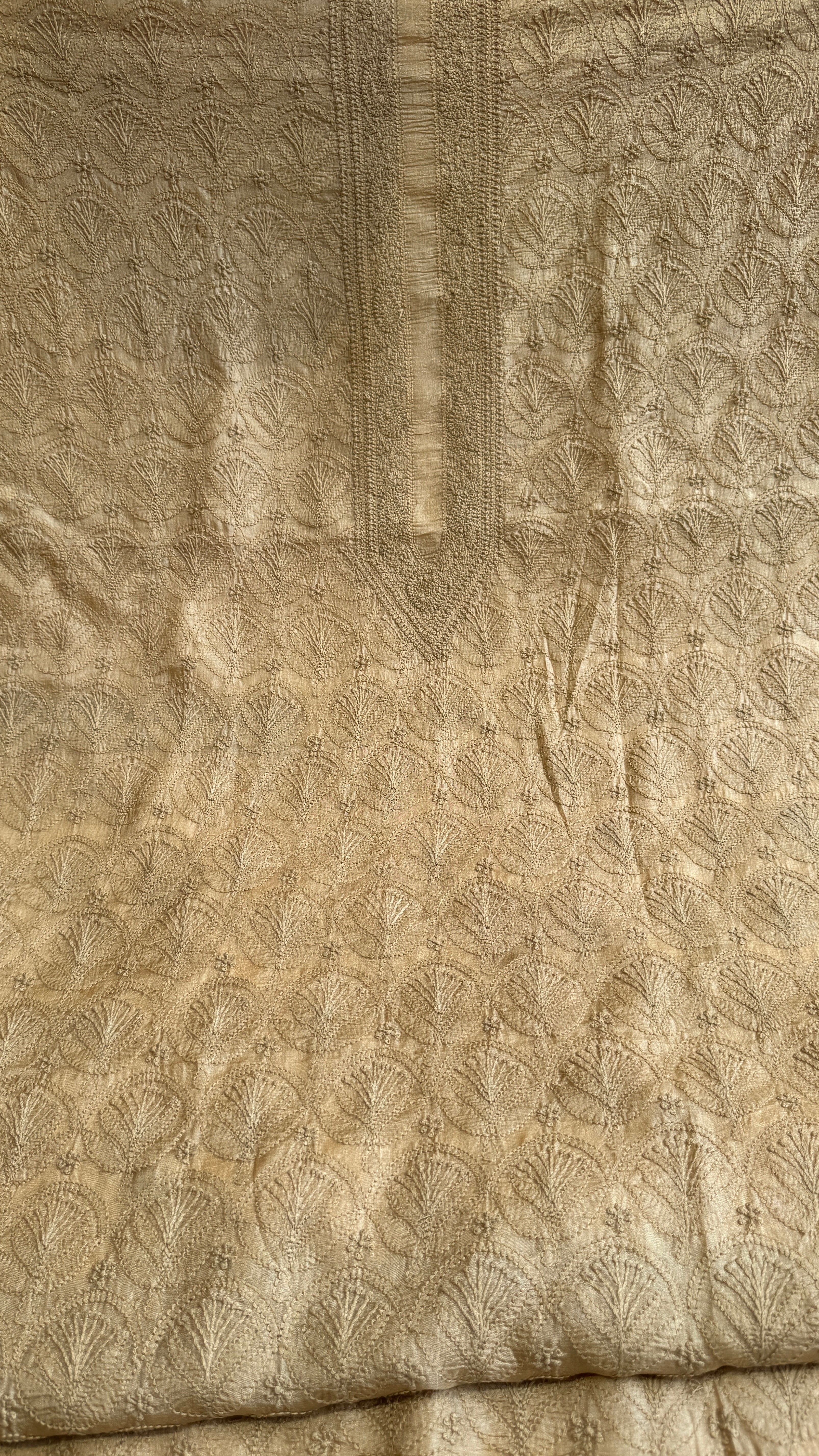 Pure Tussar Silk Chikankari Kurta Length - Mens- Almond Beige