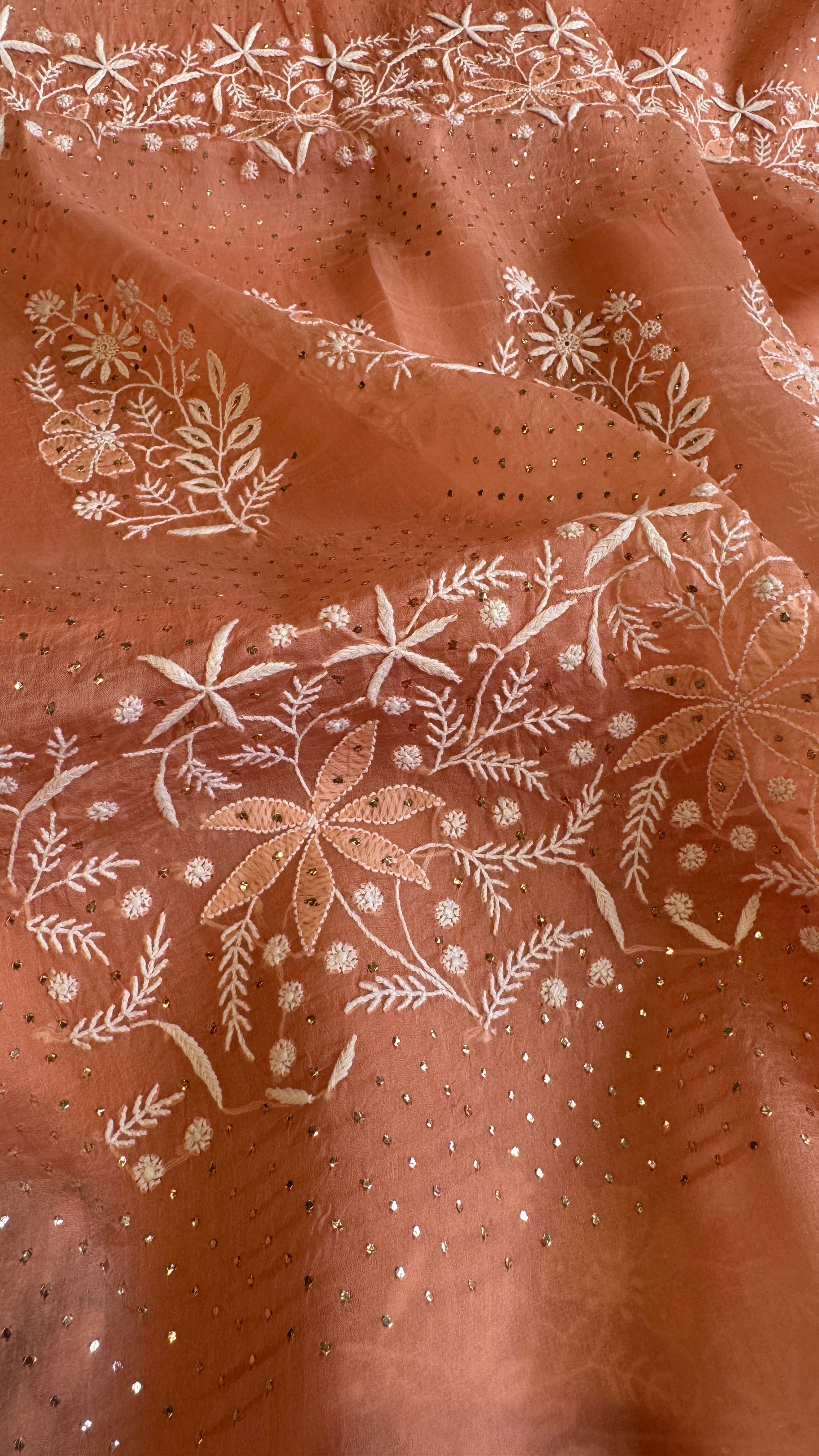 Pure organza Chikankari saree in Peach with Mukaish work