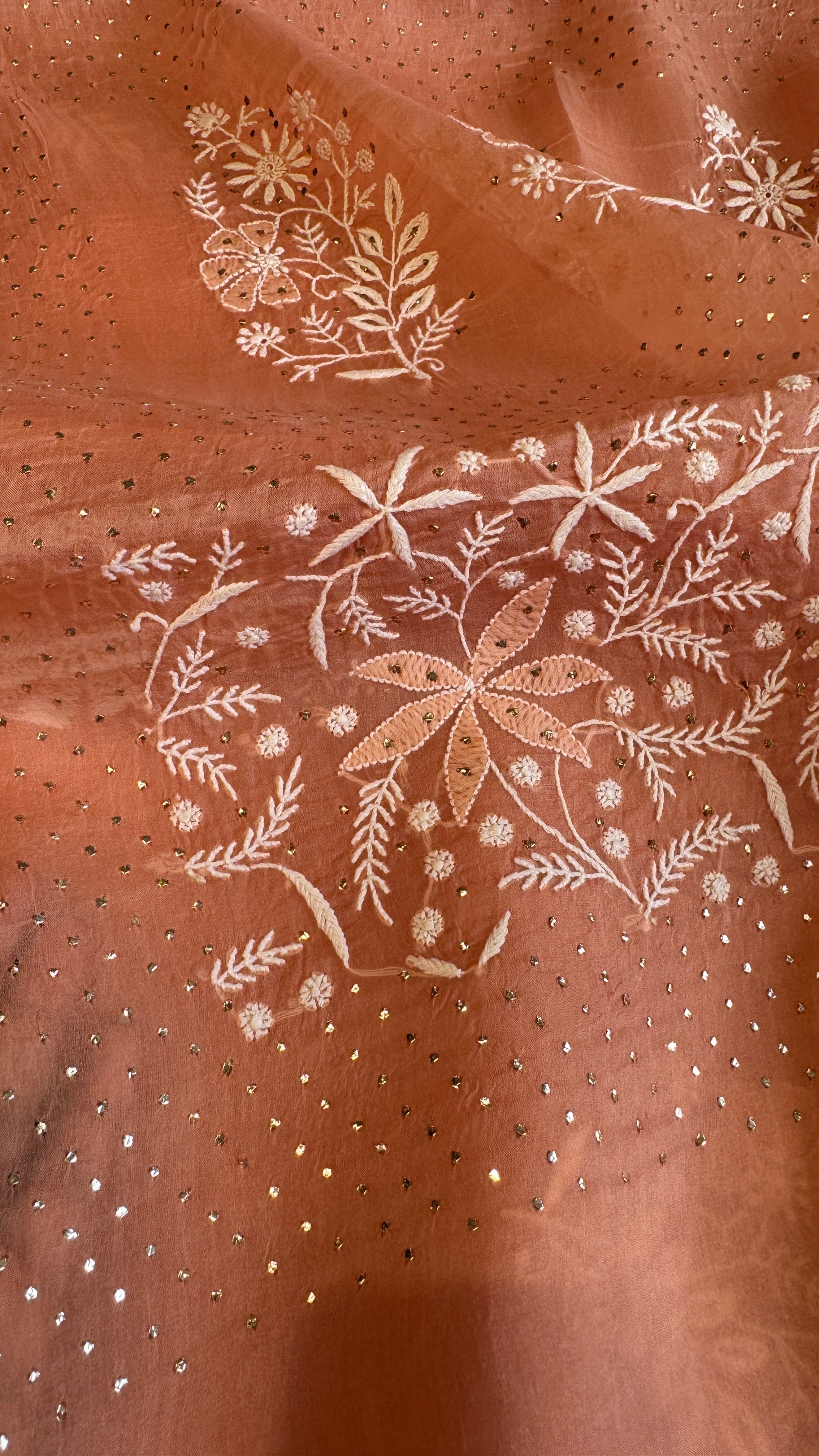 Pure organza Chikankari saree in Peach with Mukaish work