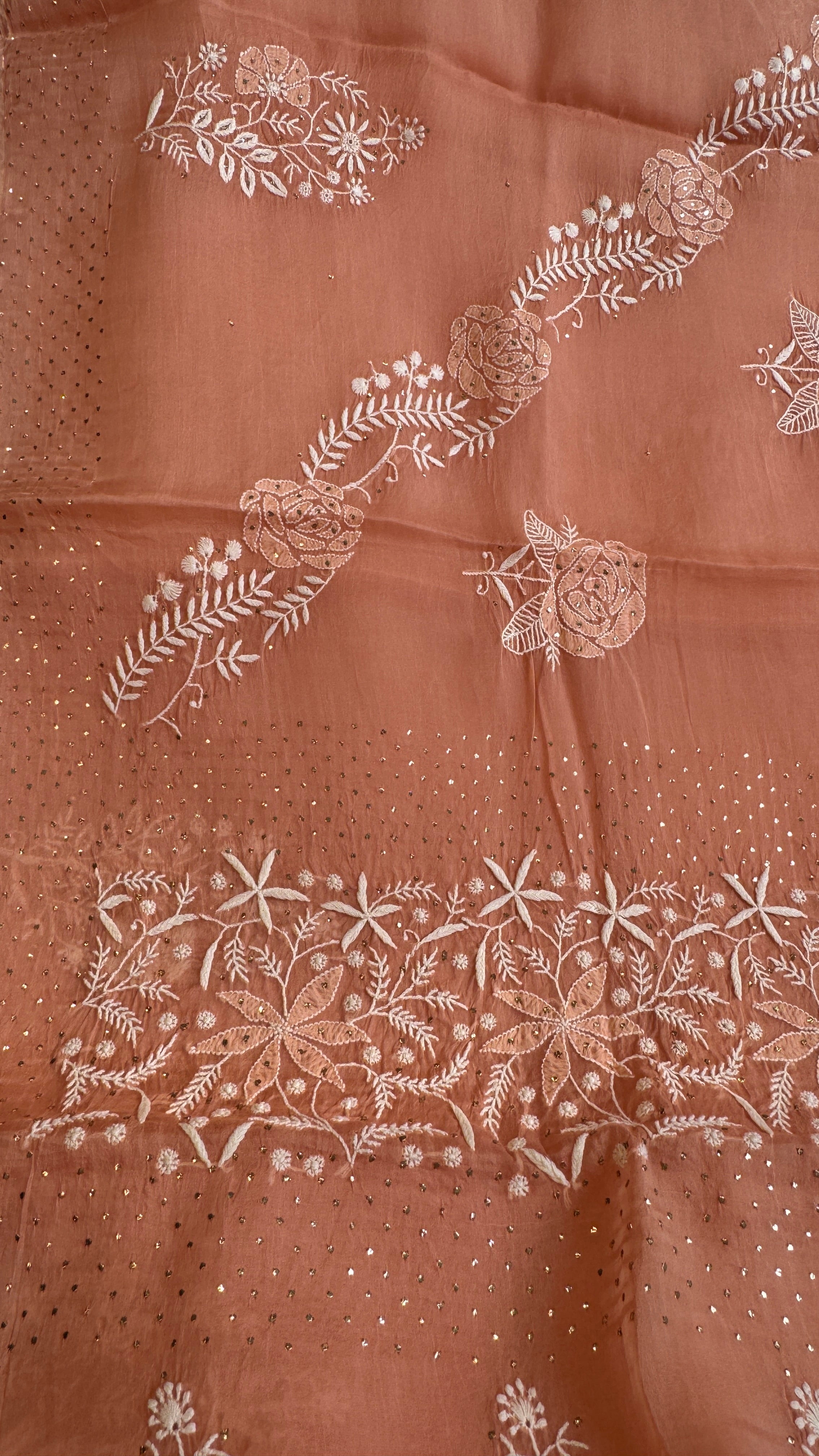 Pure organza Chikankari saree in Peach with Mukaish work