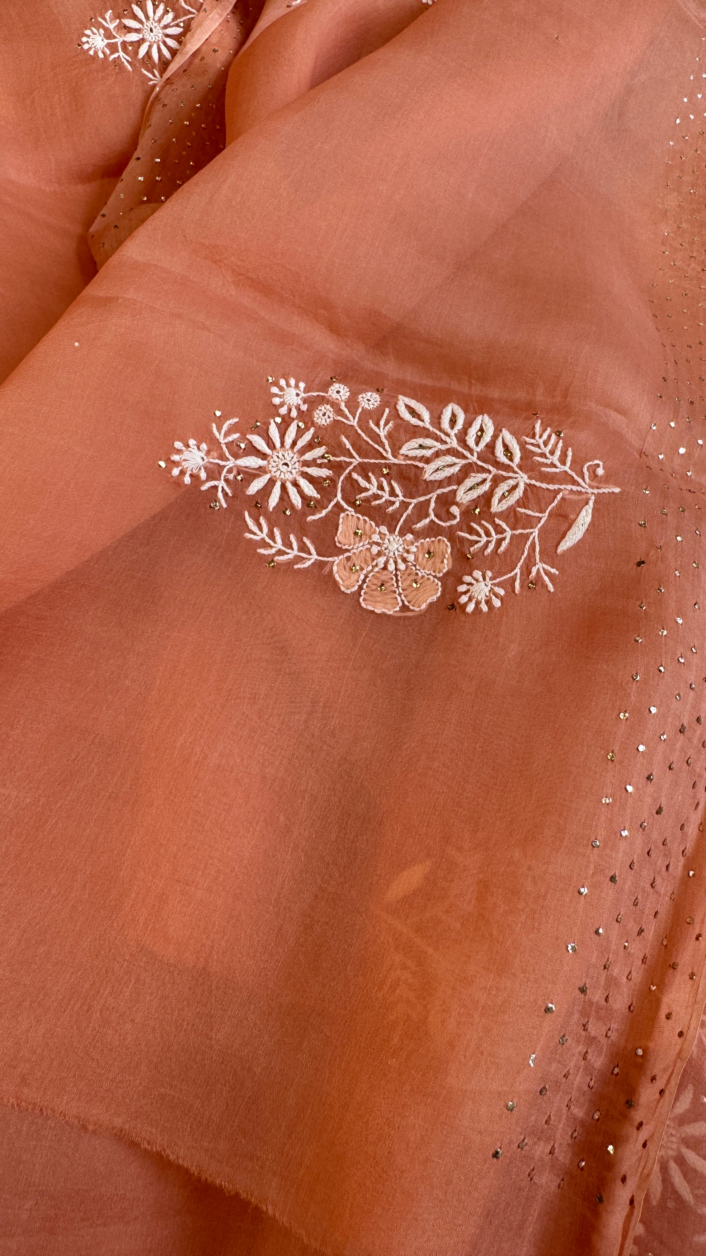 Pure organza Chikankari saree in Peach with Mukaish work