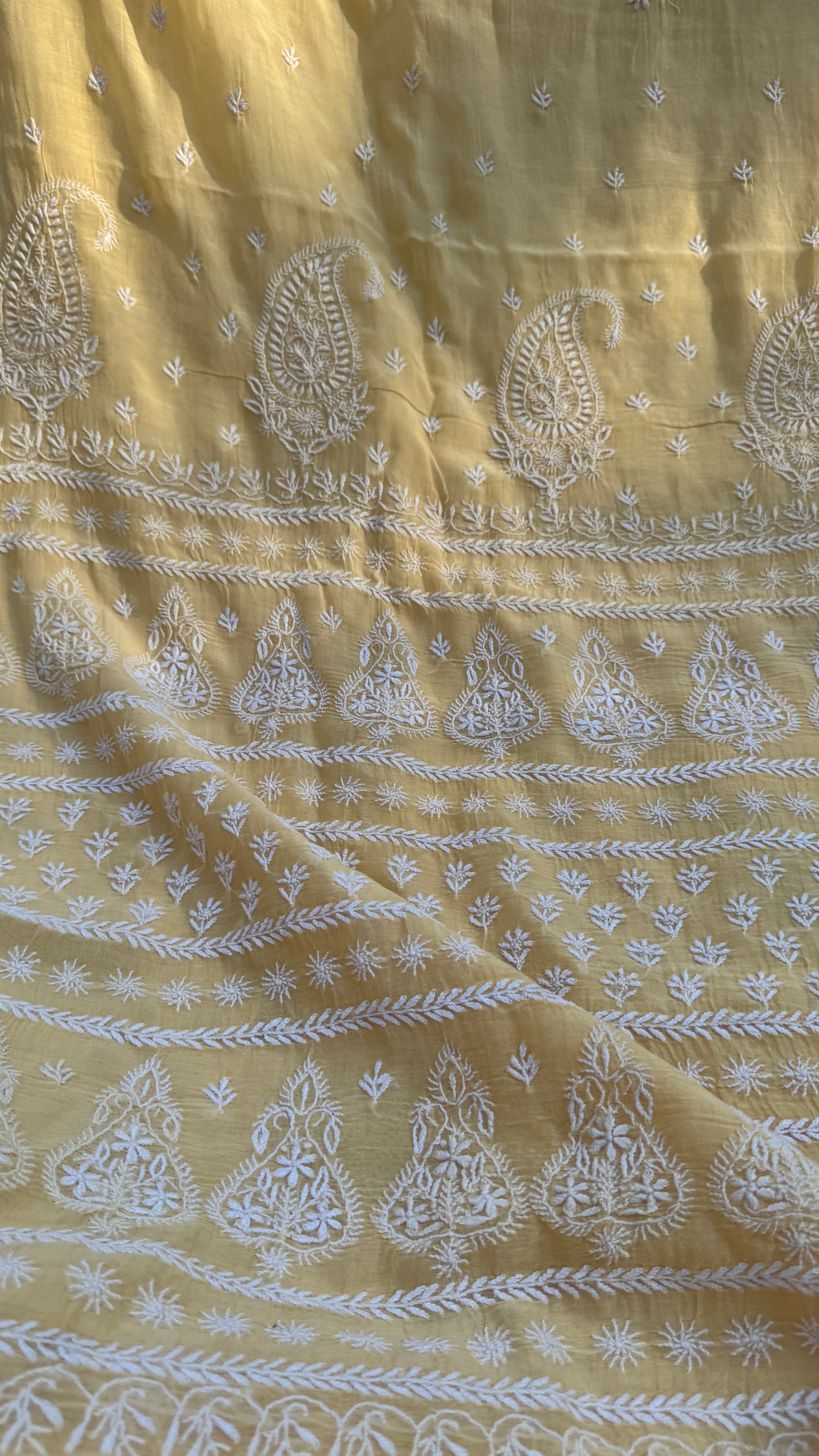 Pure Mul Chanderi Chikankari saree in Cream Yellow