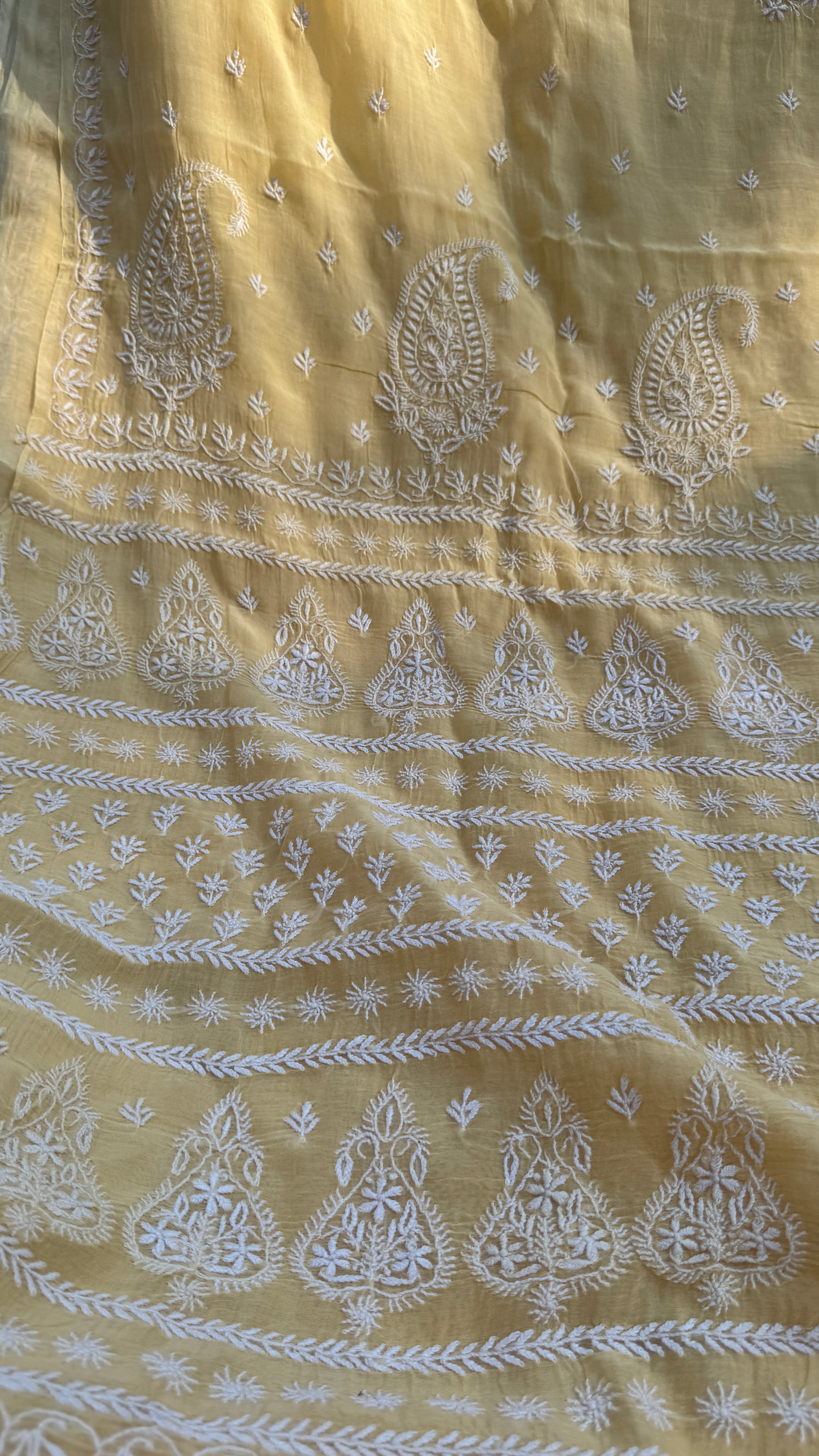 Pure Mul Chanderi Chikankari saree in Cream Yellow