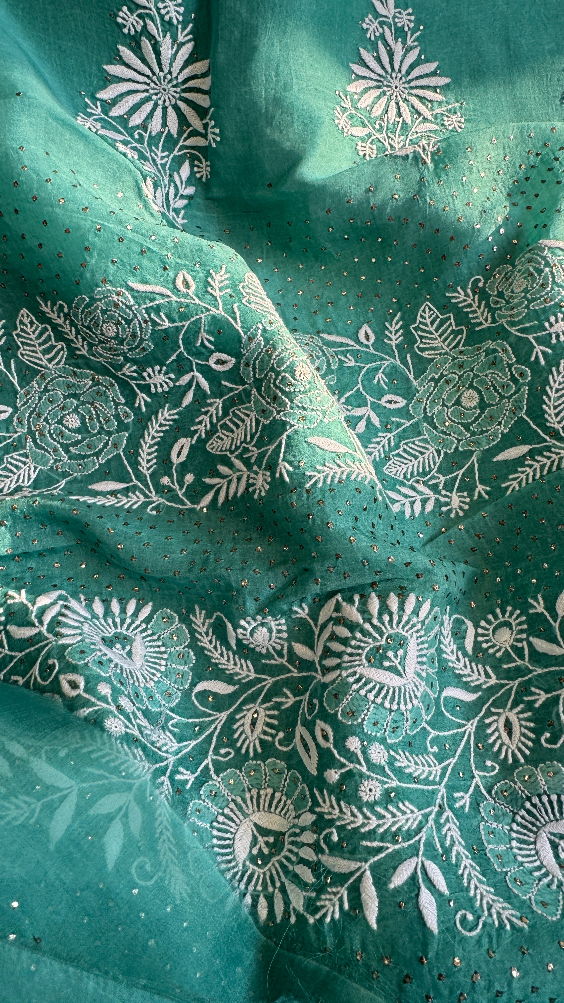 Pure organza Chikankari saree in Green with Mukaish work