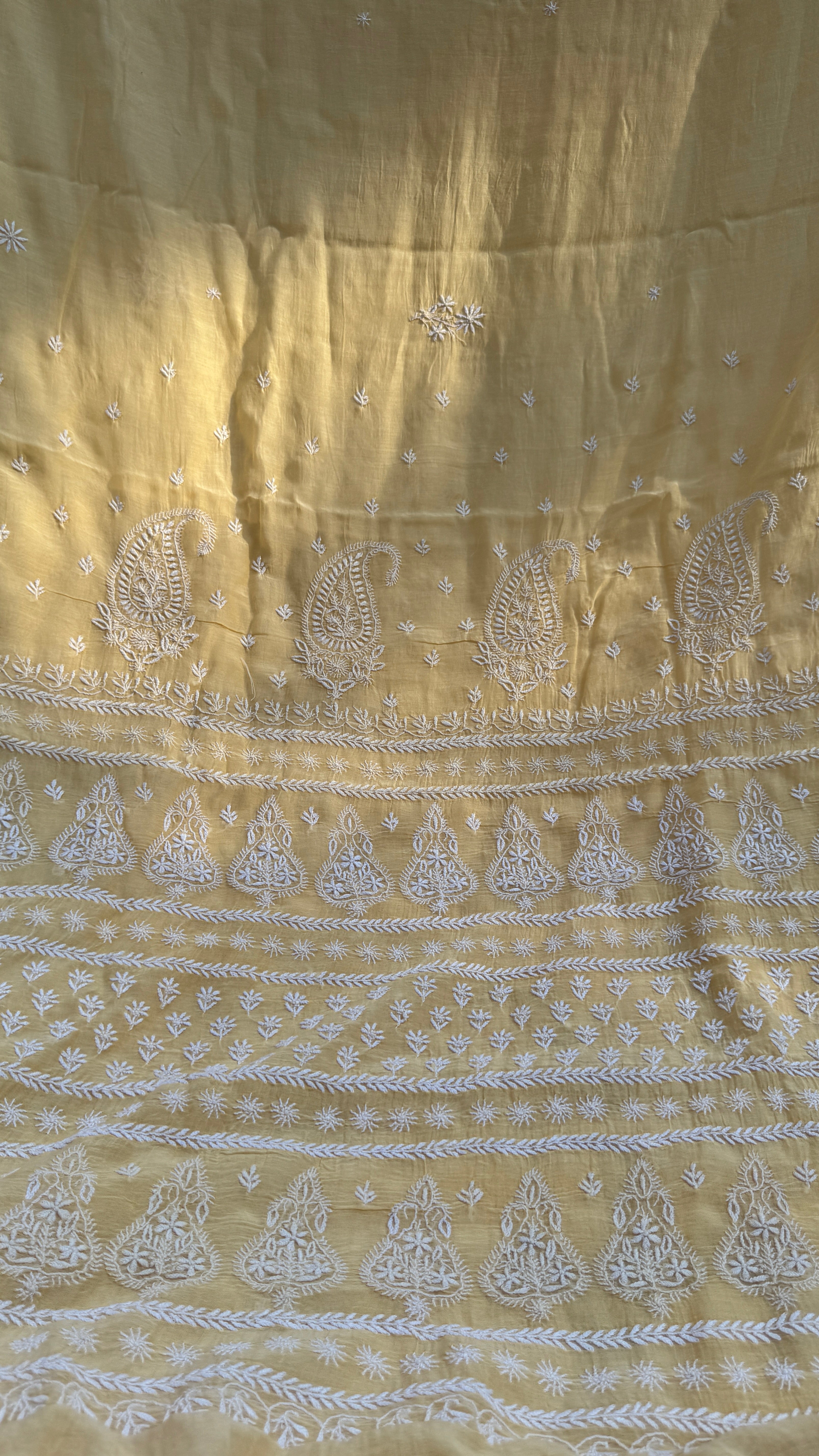 Pure Mul Chanderi Chikankari saree in Cream Yellow