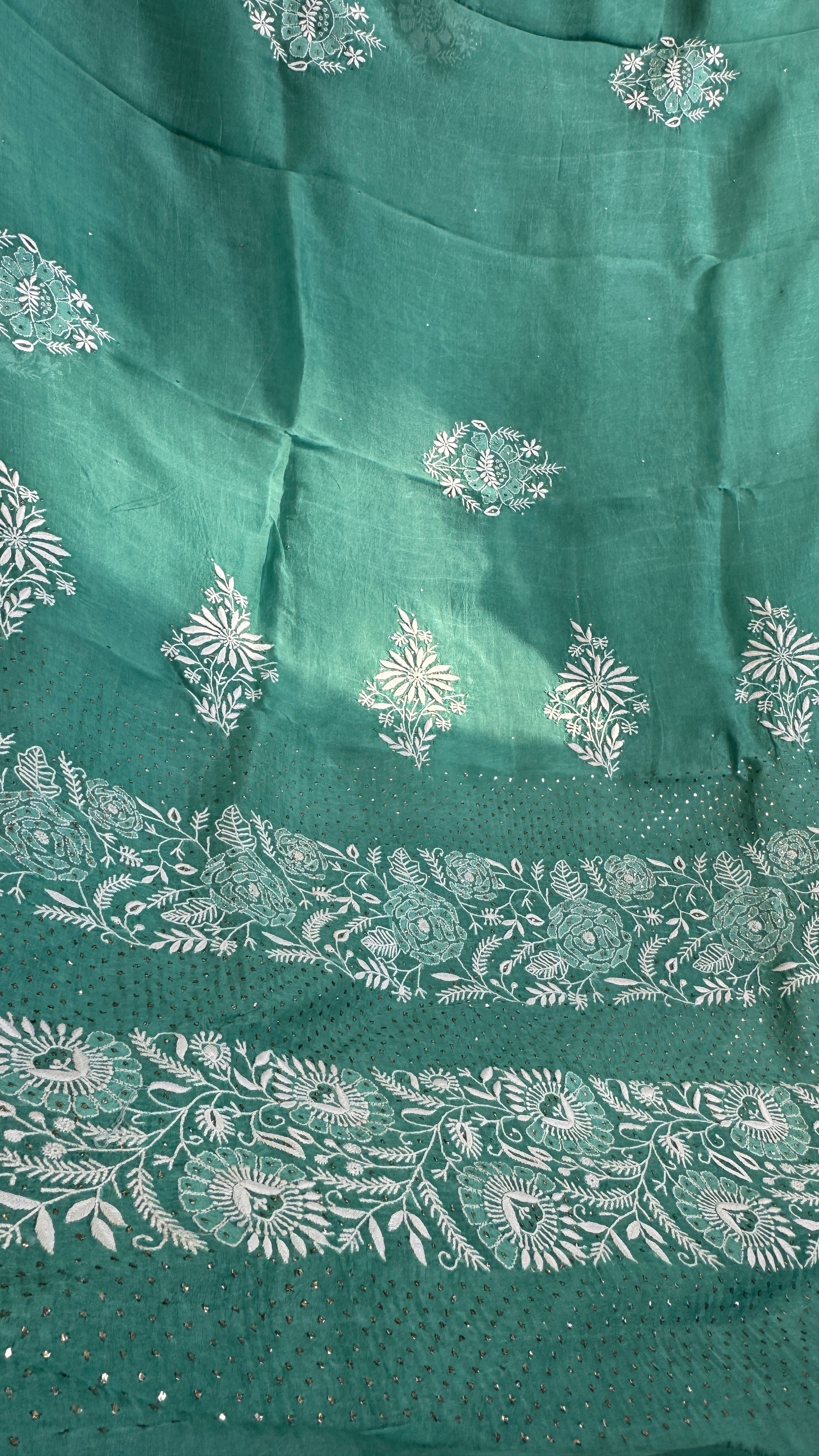 Pure organza Chikankari saree in Green with Mukaish work