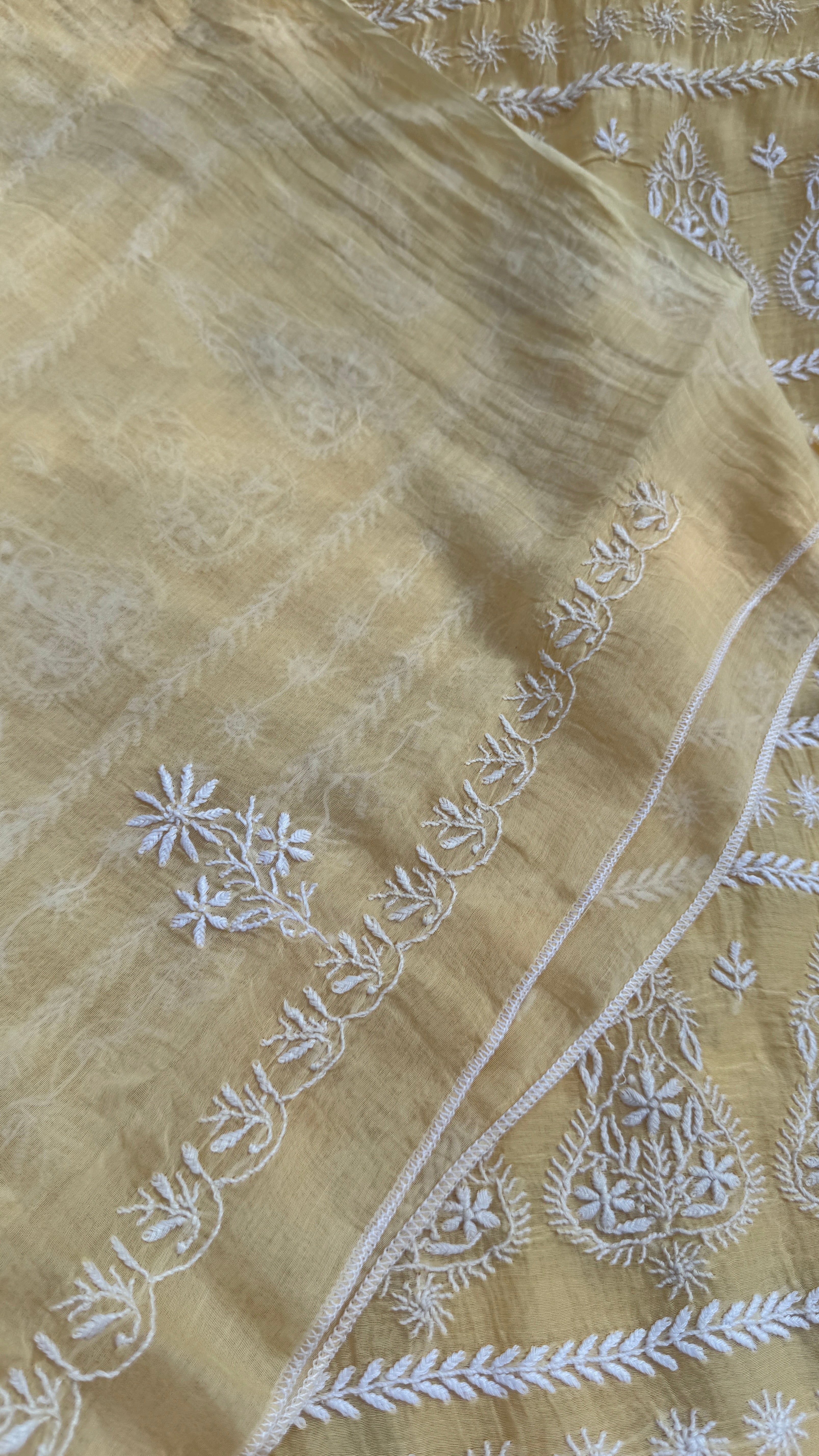 Pure Mul Chanderi Chikankari saree in Cream Yellow