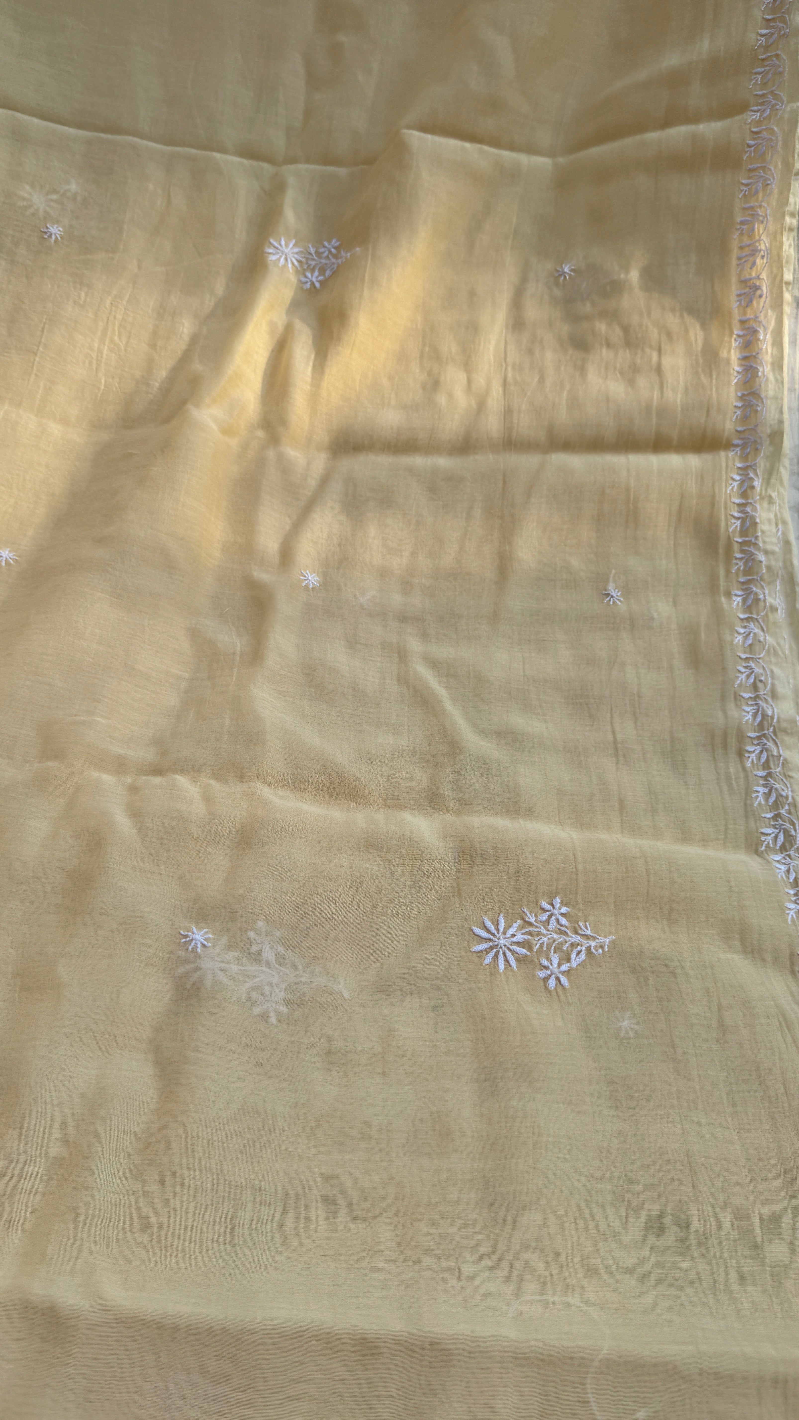 Pure Mul Chanderi Chikankari saree in Cream Yellow