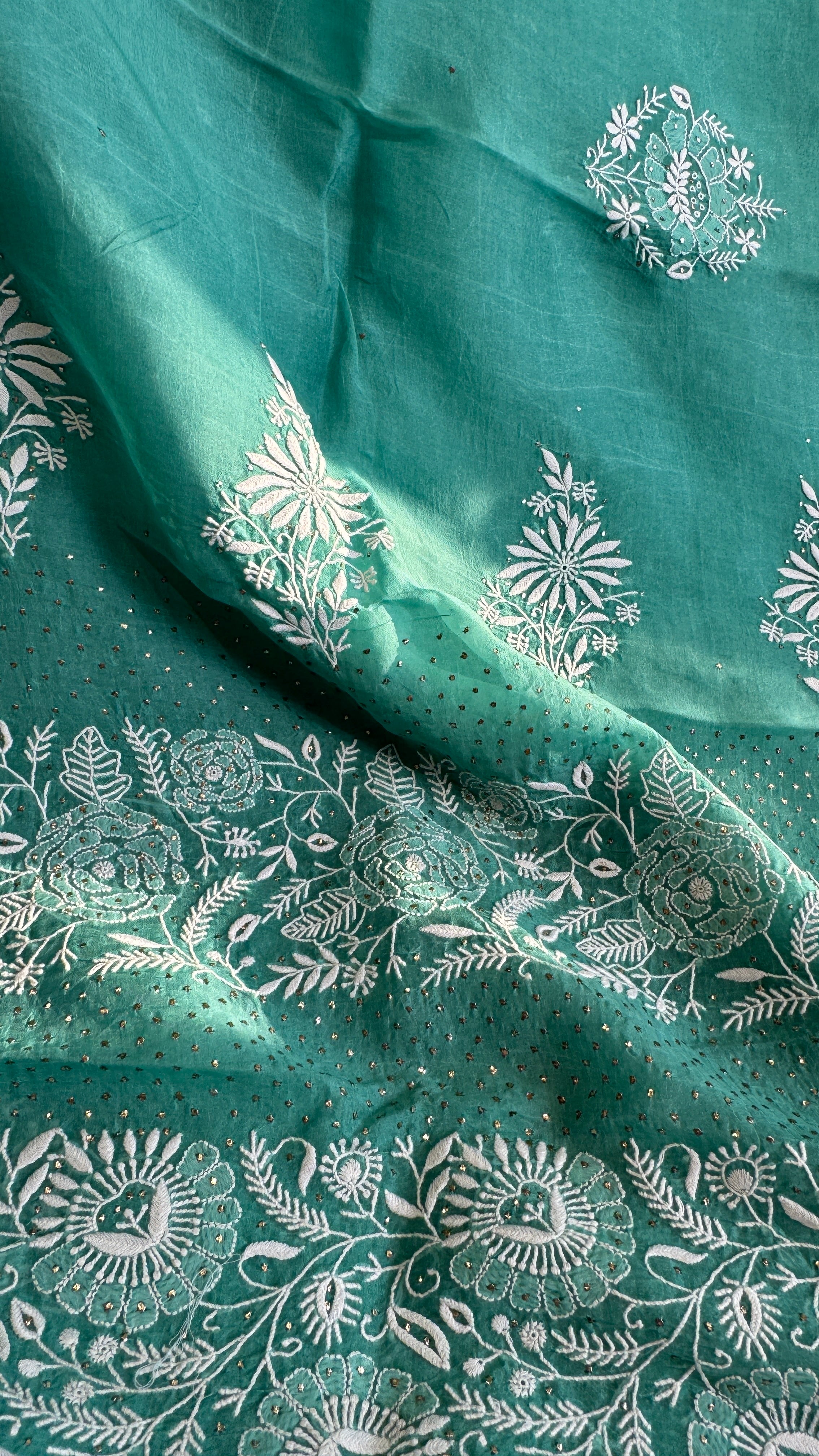Pure organza Chikankari saree in Green with Mukaish work