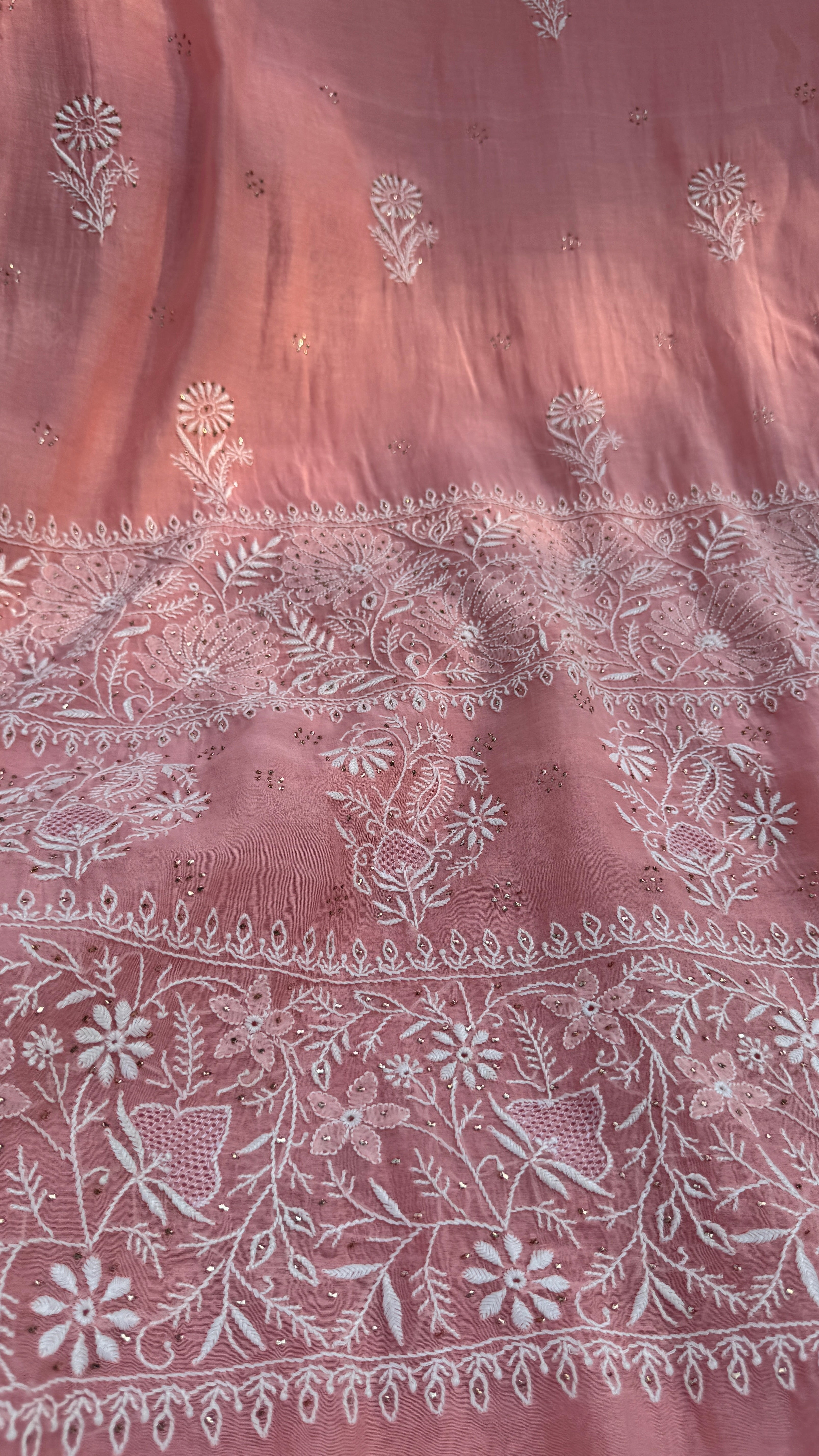 Pure Mul Chanderi Chikankari saree in Rosewood with Mukaish work