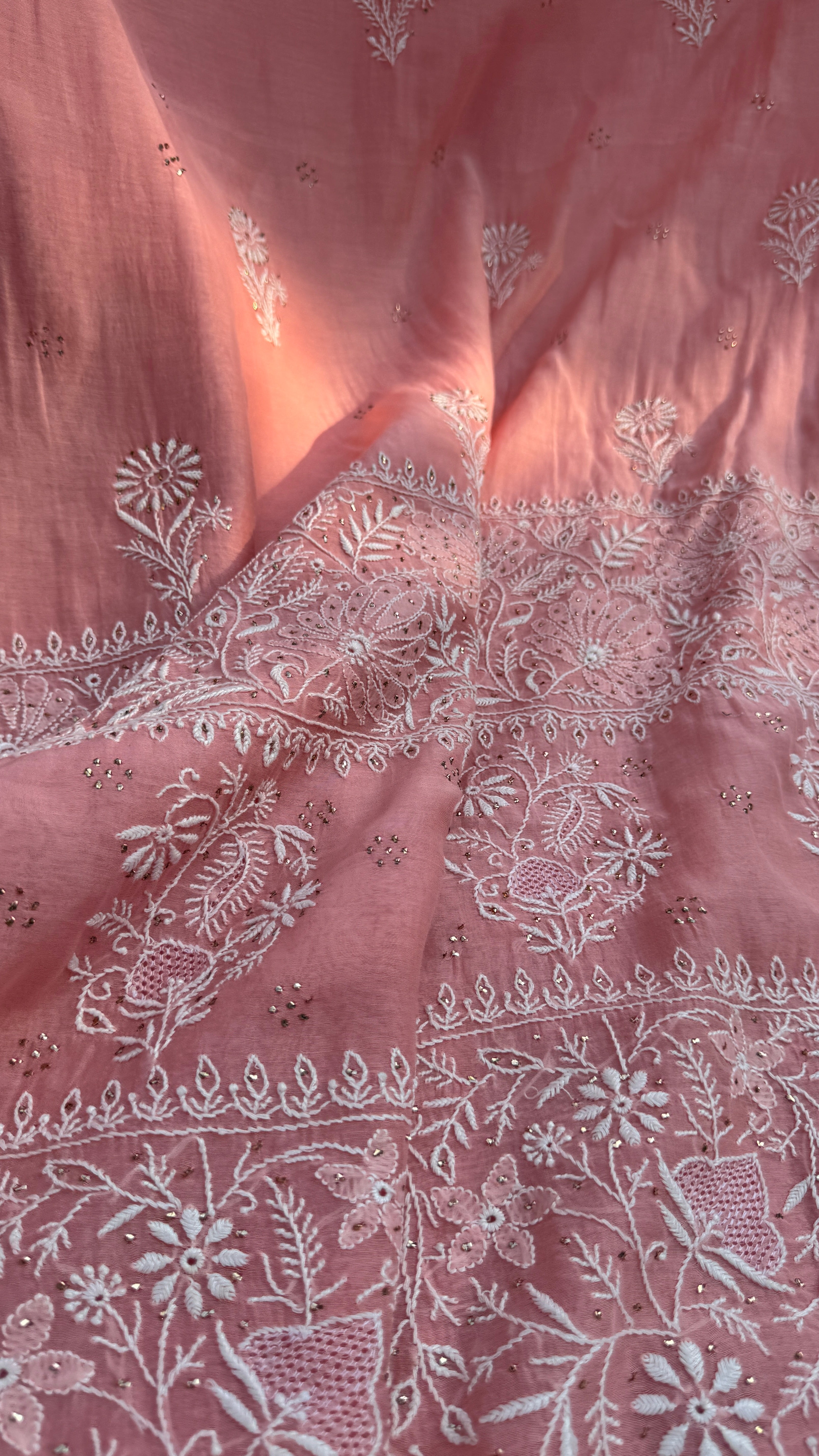 Pure Mul Chanderi Chikankari saree in Rosewood with Mukaish work