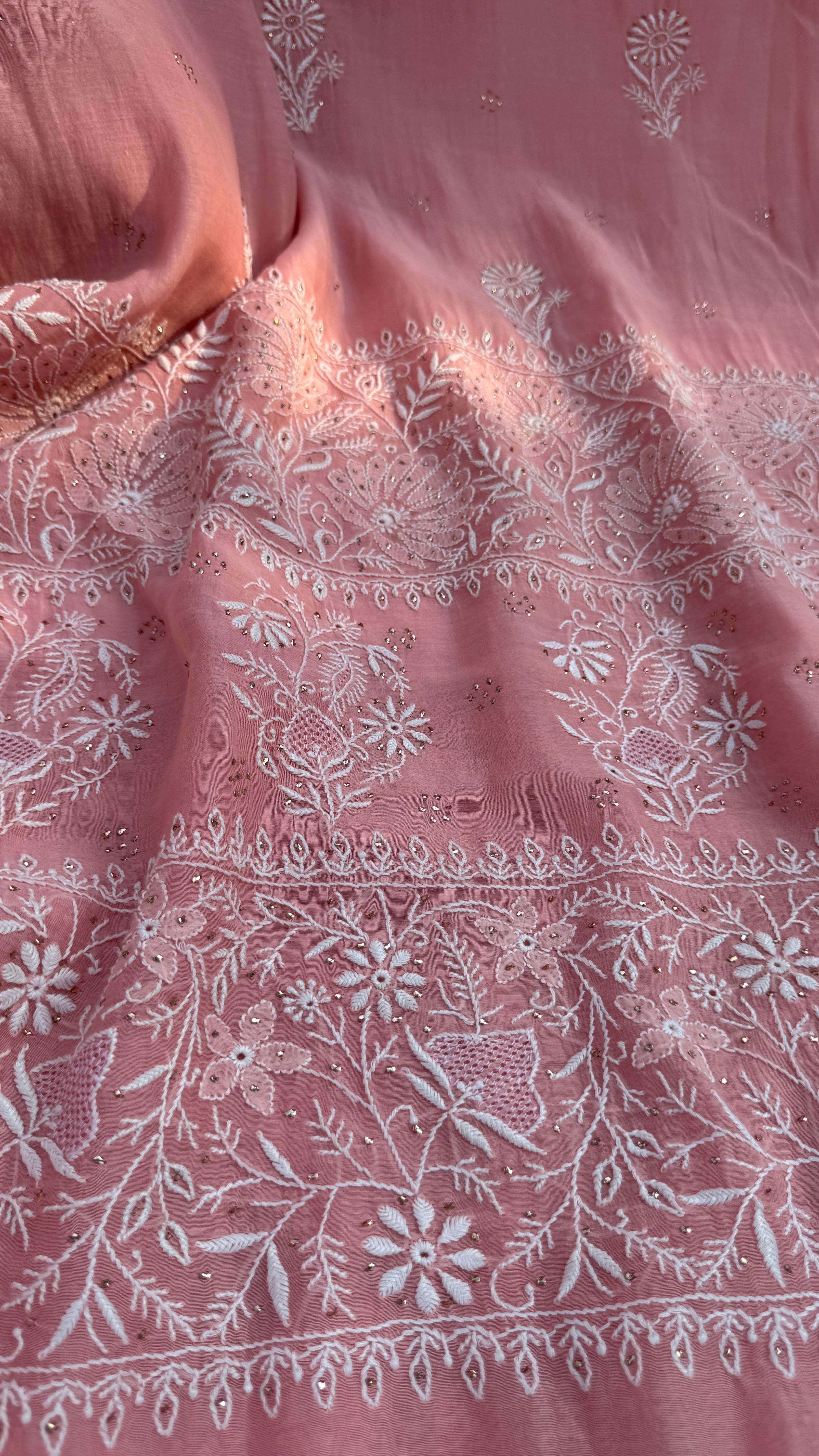Pure Mul Chanderi Chikankari saree in Rosewood with Mukaish work