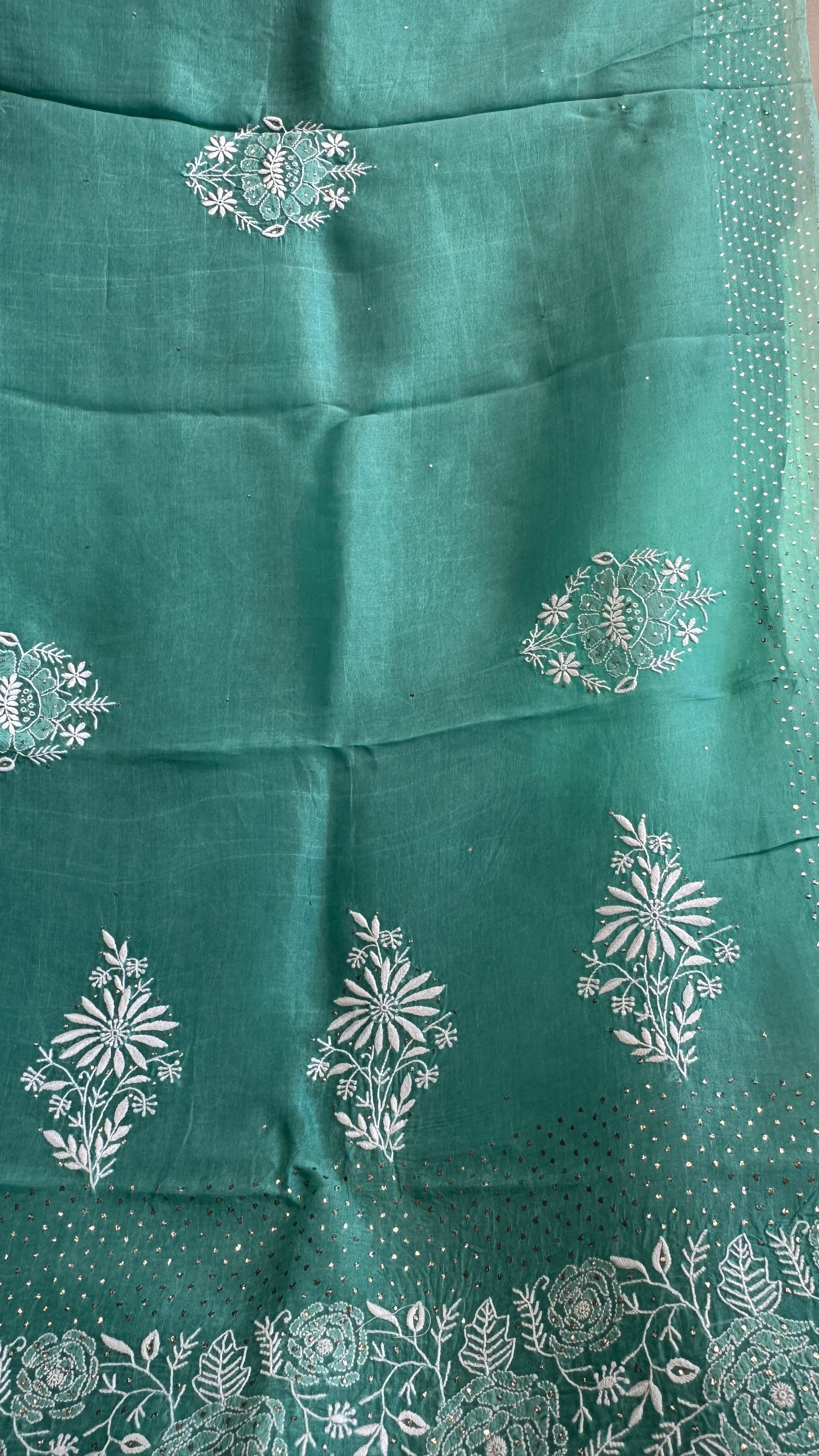 Pure organza Chikankari saree in Green with Mukaish work