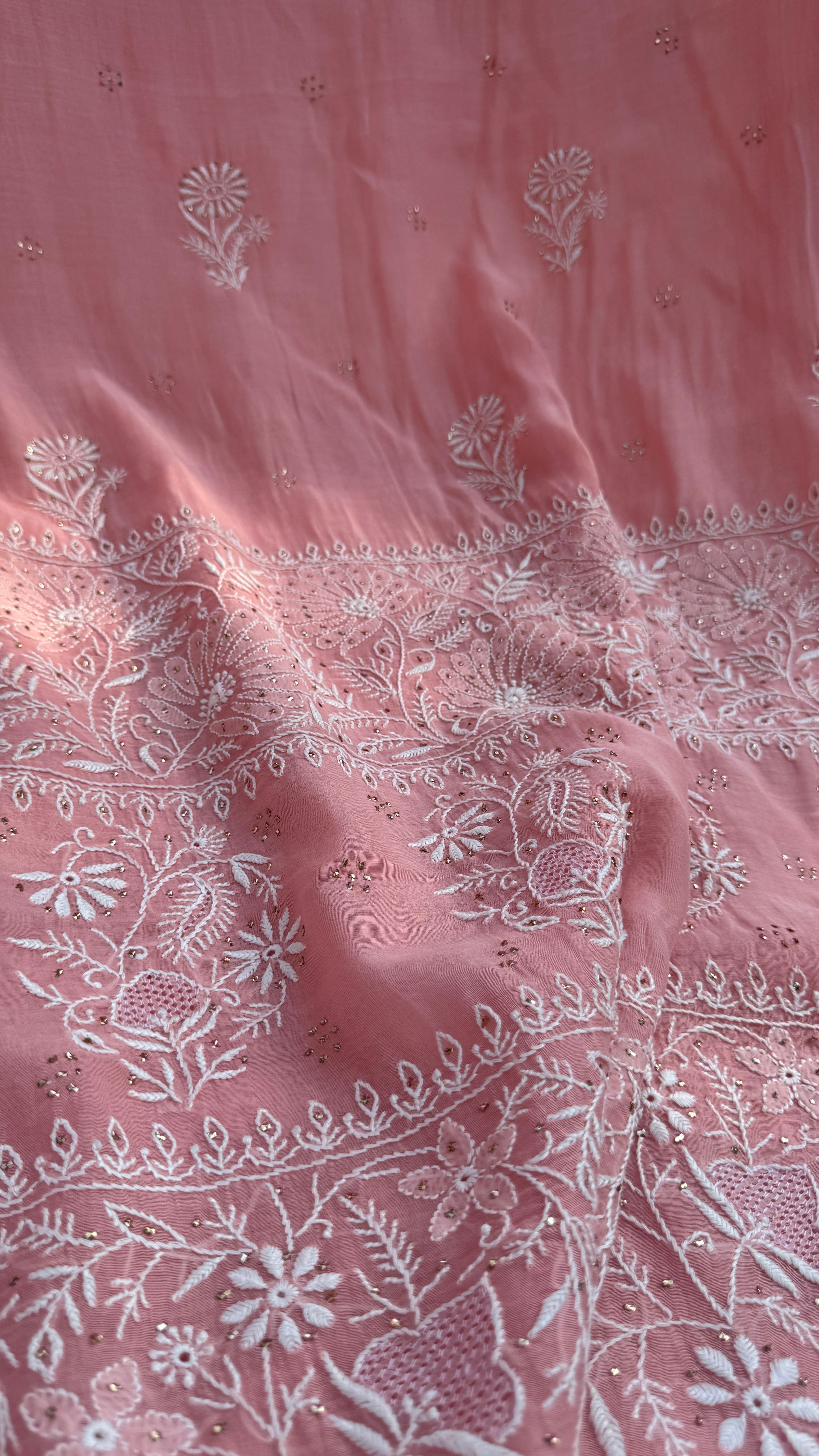 Pure Mul Chanderi Chikankari saree in Rosewood with Mukaish work