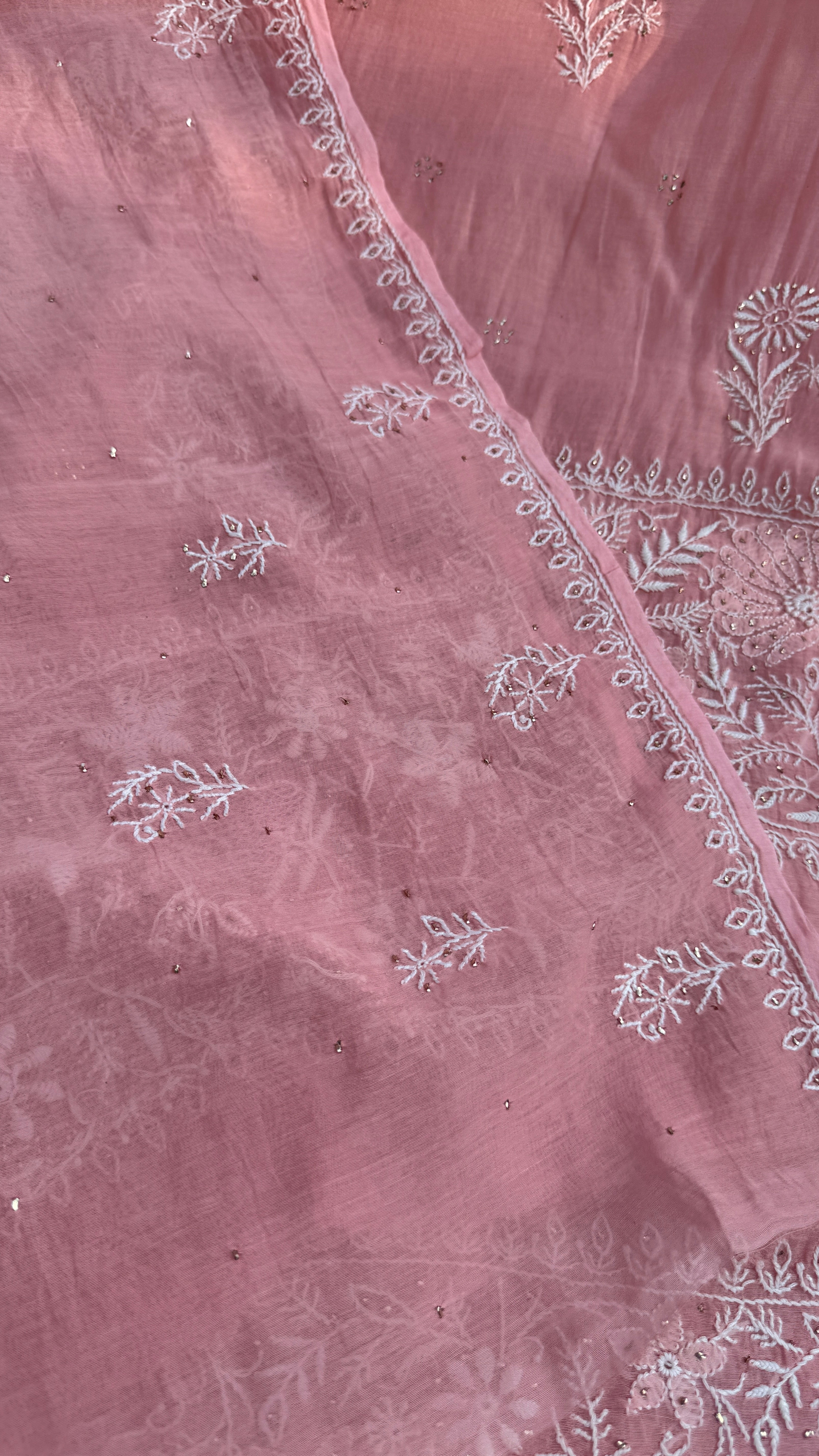 Pure Mul Chanderi Chikankari saree in Rosewood with Mukaish work