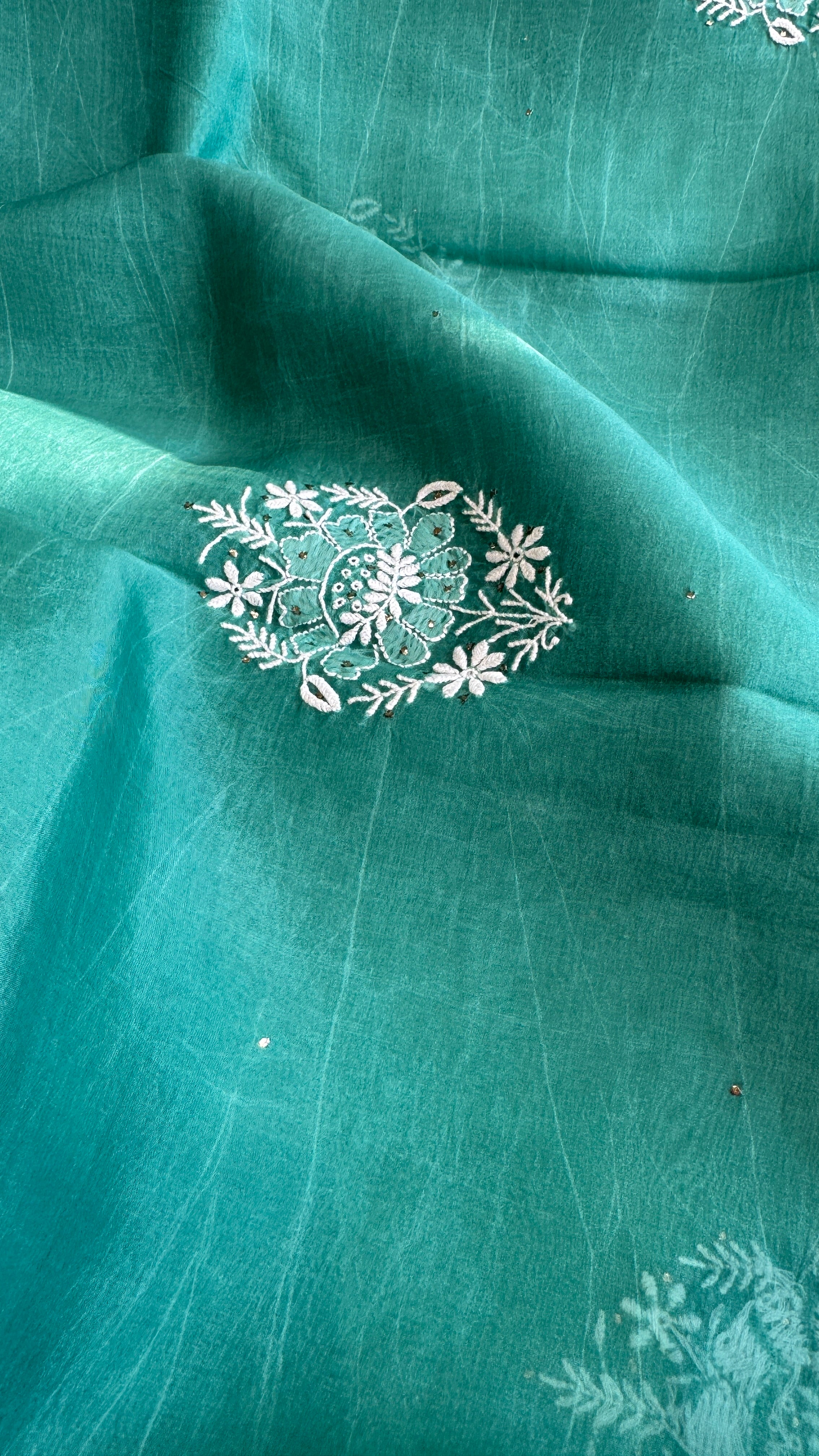 Pure organza Chikankari saree in Green with Mukaish work