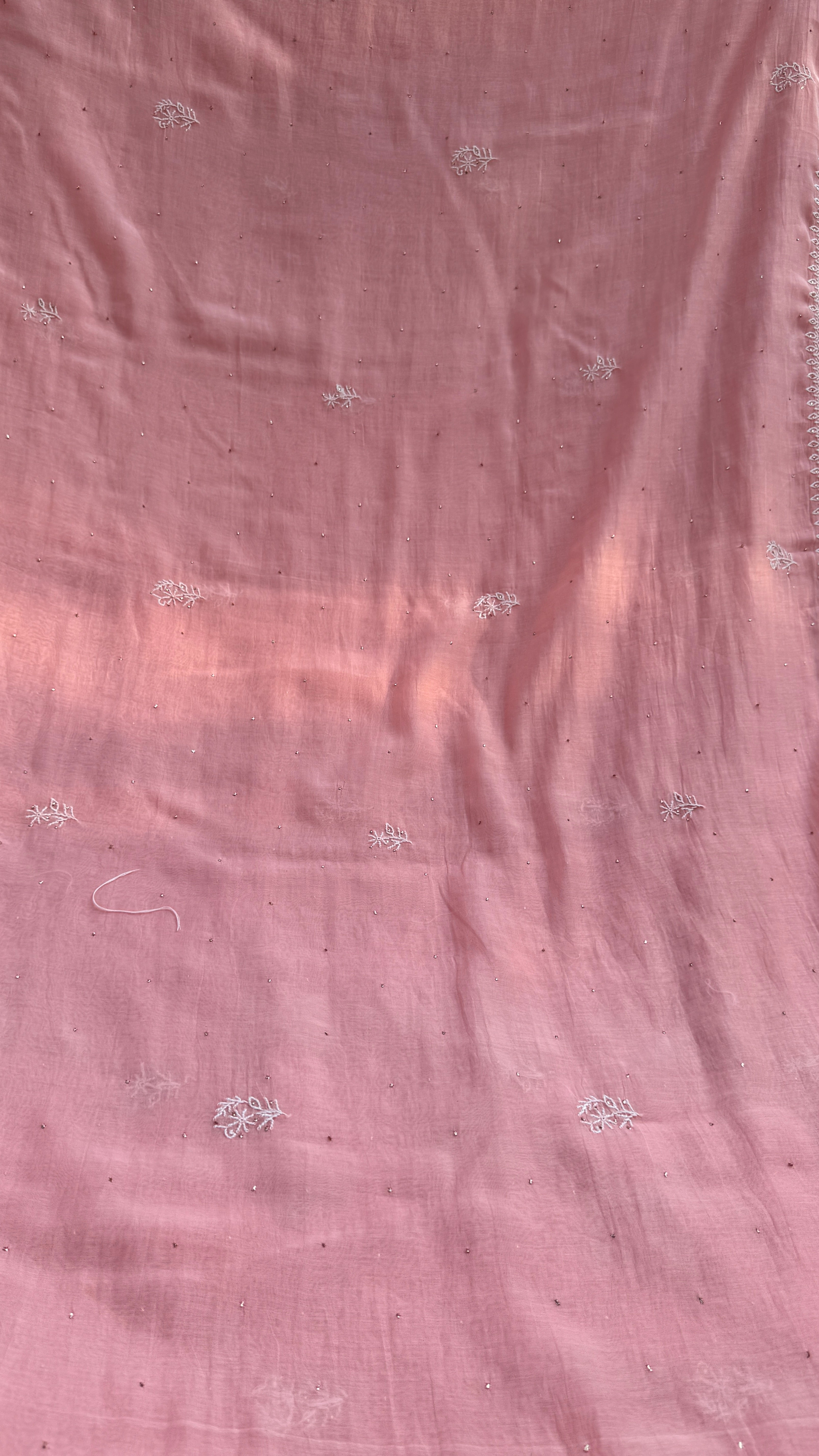 Pure Mul Chanderi Chikankari saree in Rosewood with Mukaish work