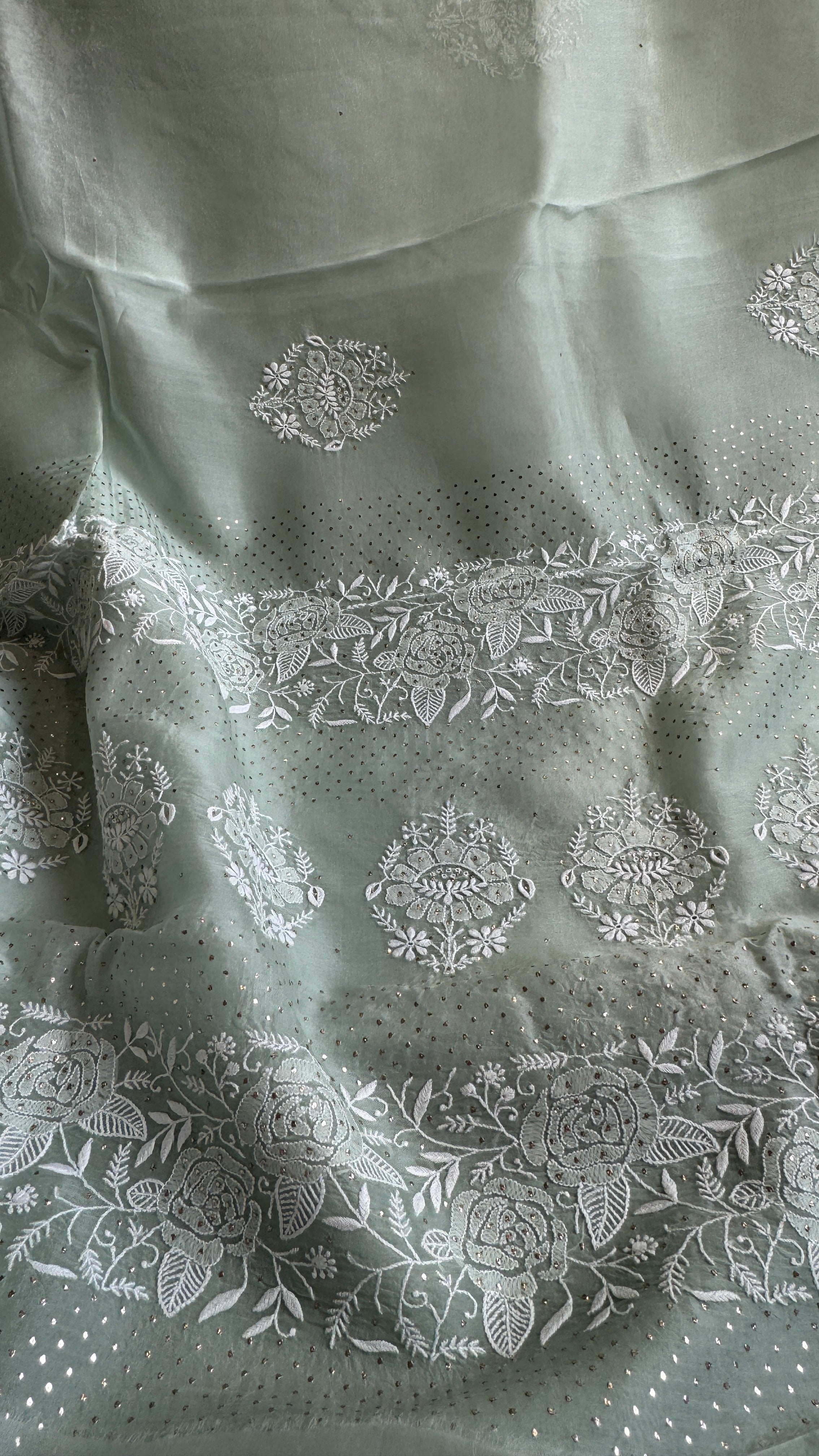 Pure organza Chikankari saree in Green with Mukaish work
