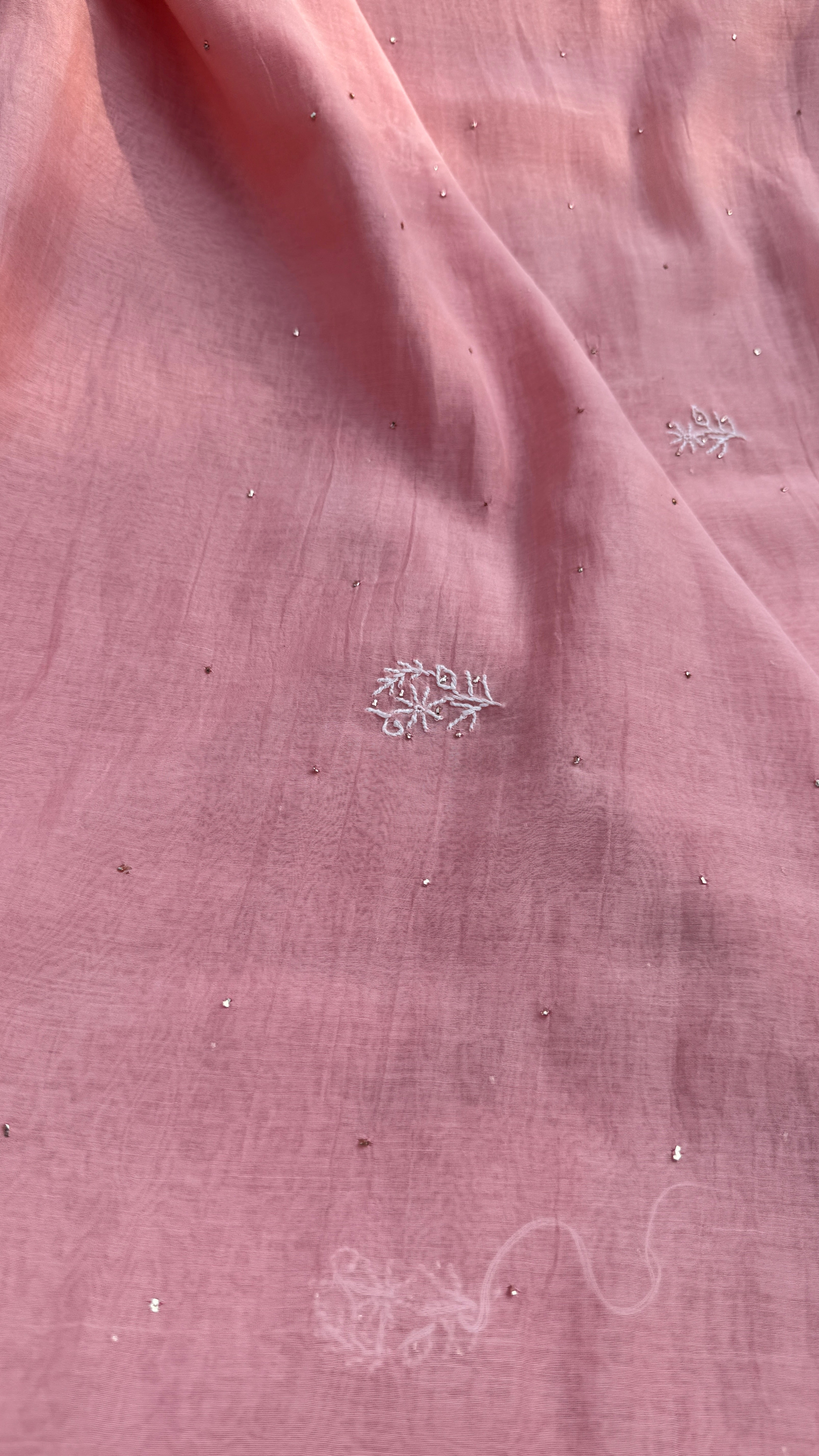 Pure Mul Chanderi Chikankari saree in Rosewood with Mukaish work