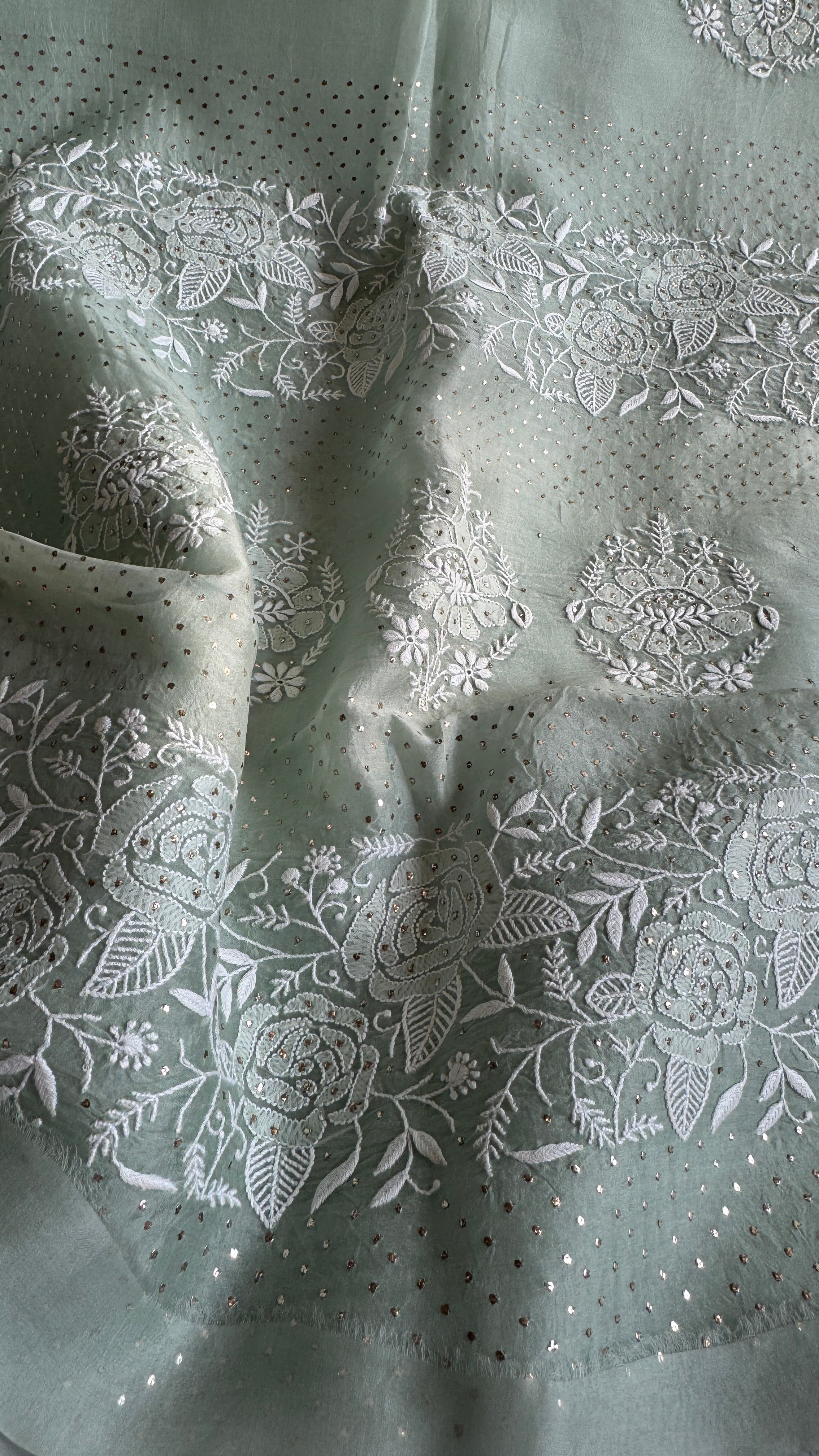 Pure organza Chikankari saree in Green with Mukaish work