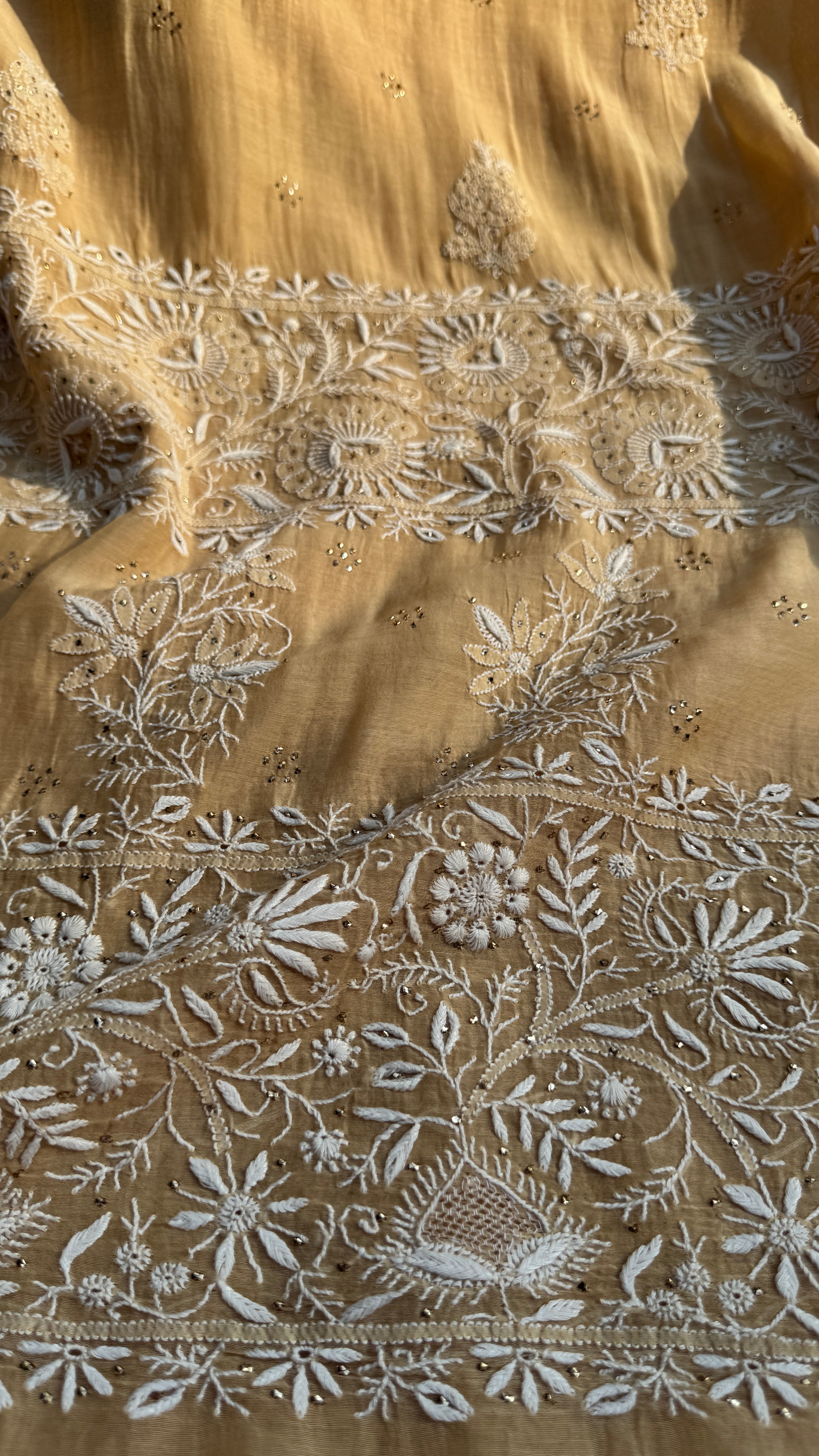 Pure Mul Chanderi Chikankari saree in Beige with Mukaish work