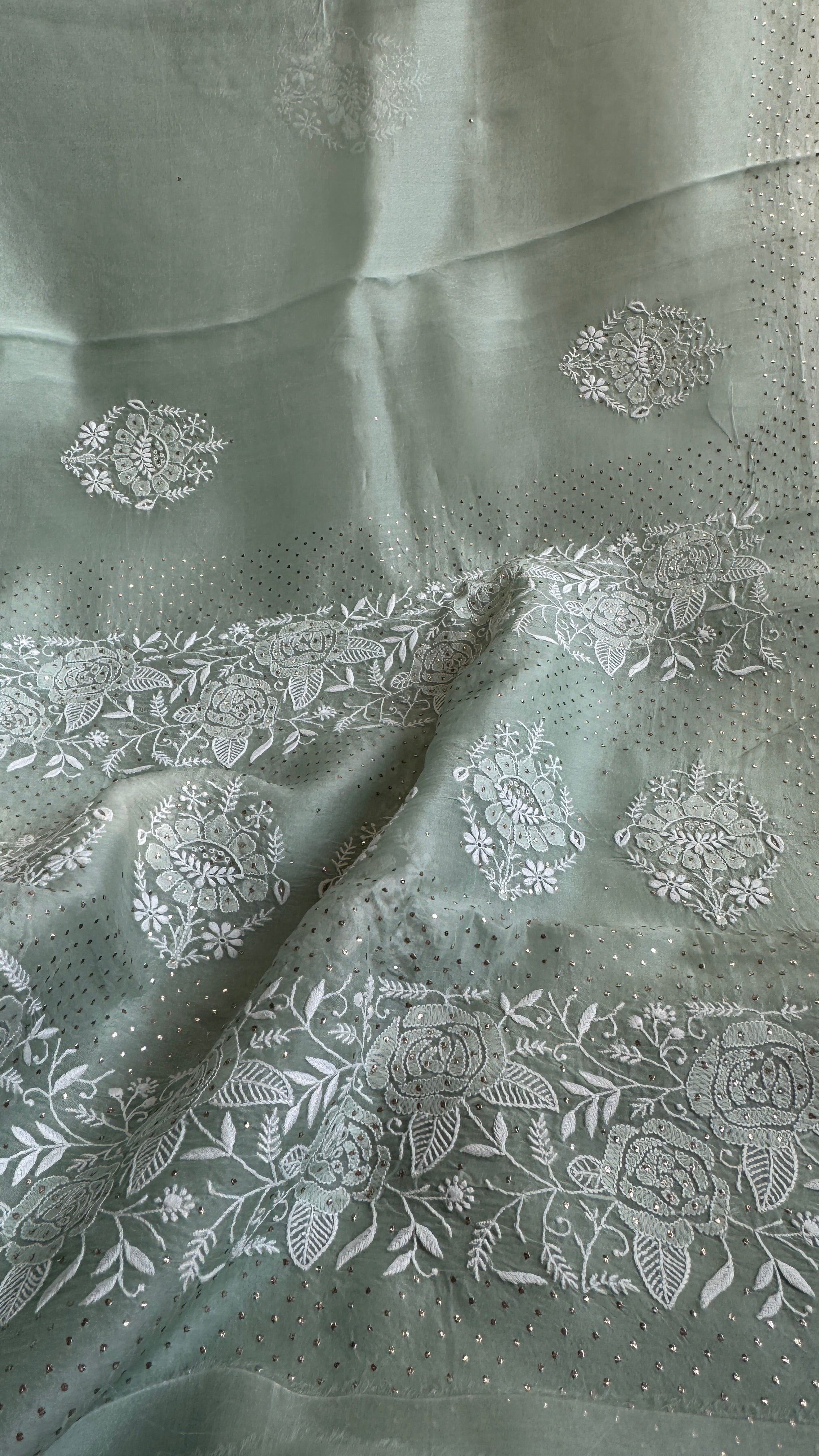 Pure organza Chikankari saree in Green with Mukaish work