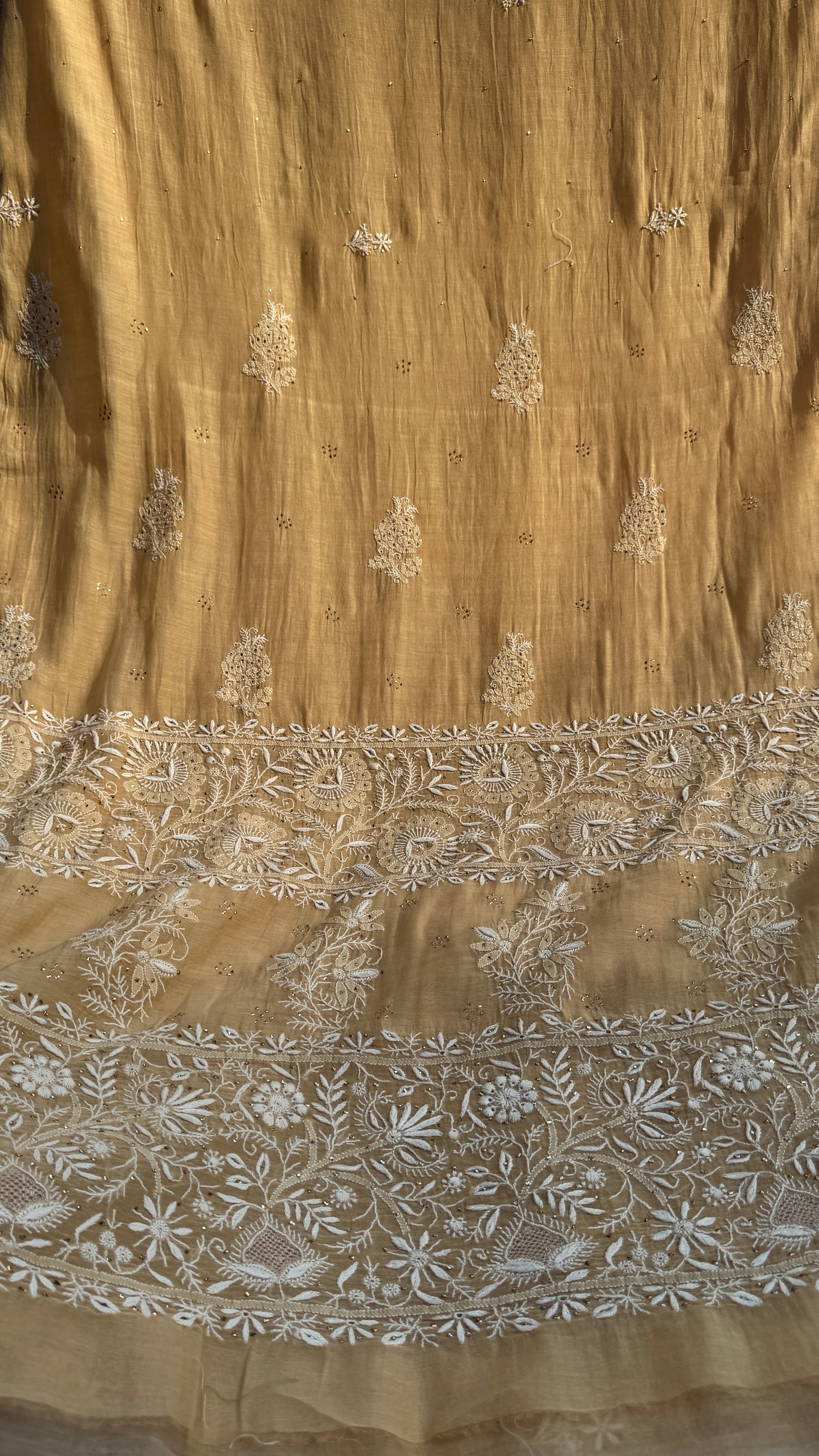 Pure Mul Chanderi Chikankari saree in Beige with Mukaish work
