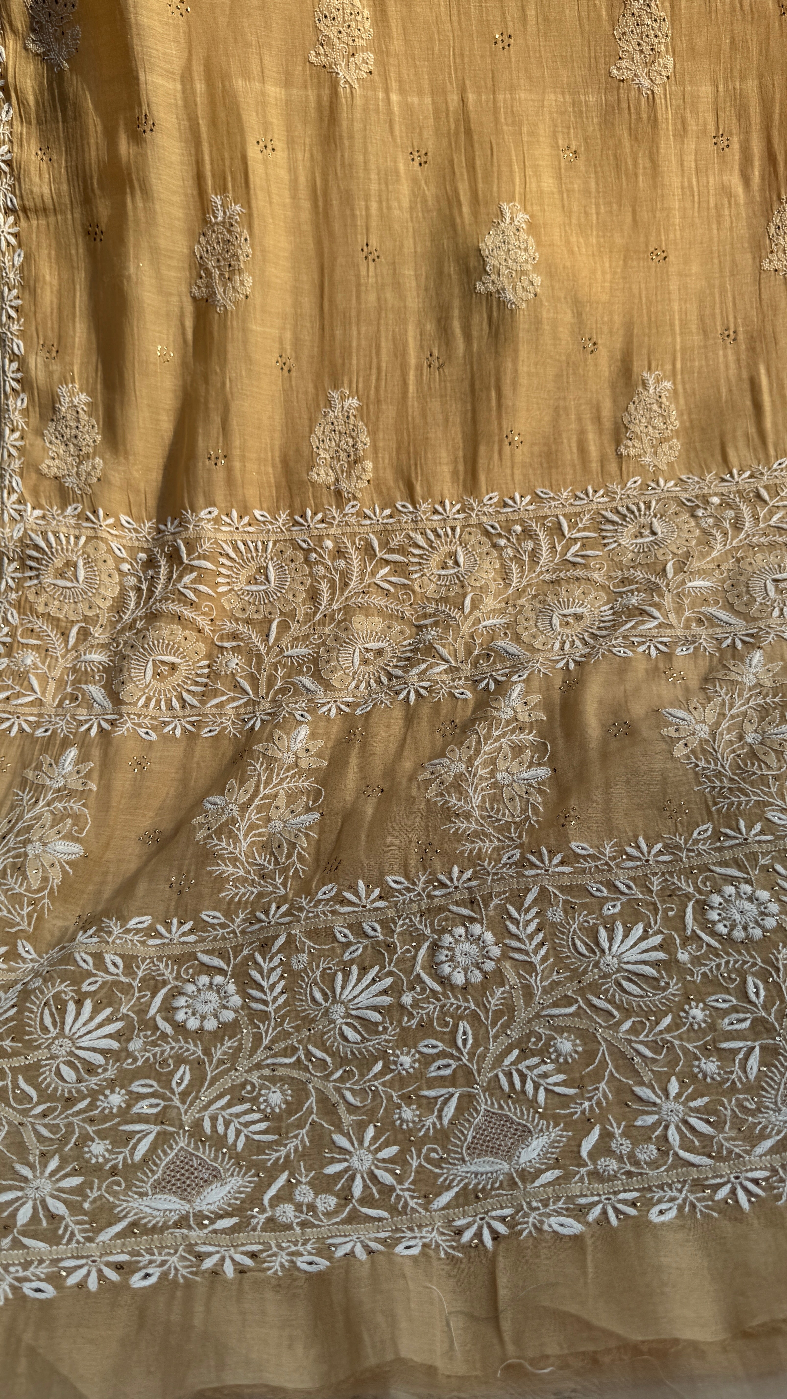 Pure Mul Chanderi Chikankari saree in Beige with Mukaish work