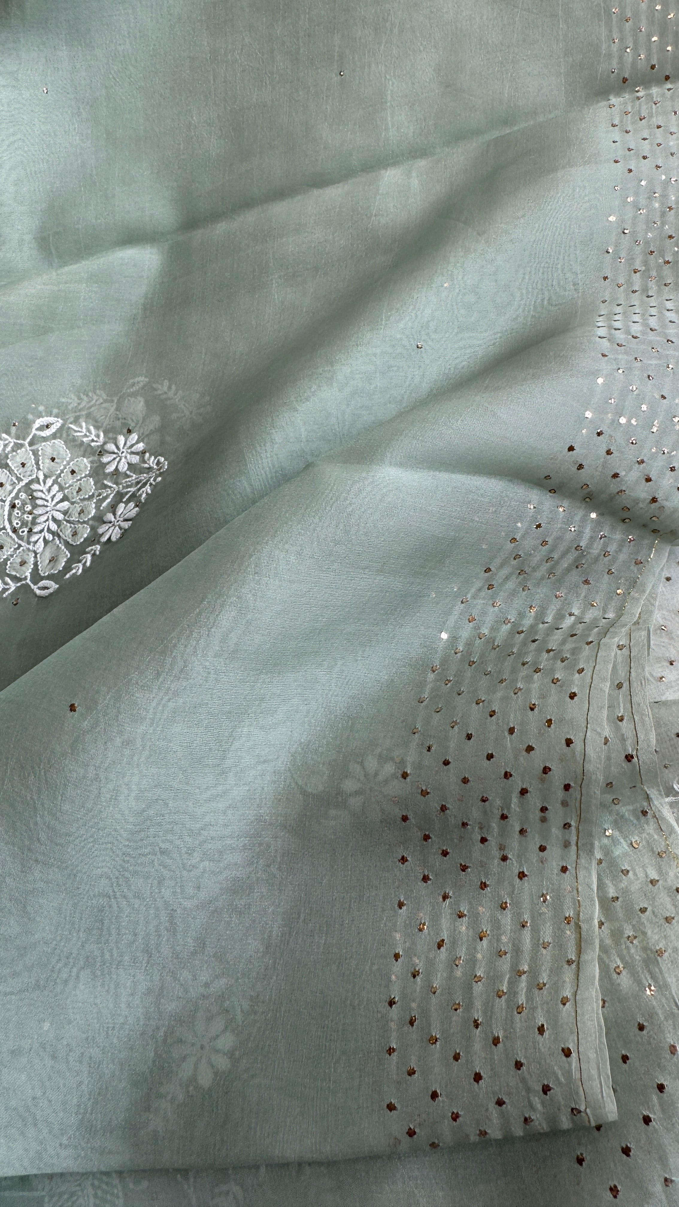 Pure organza Chikankari saree in Green with Mukaish work