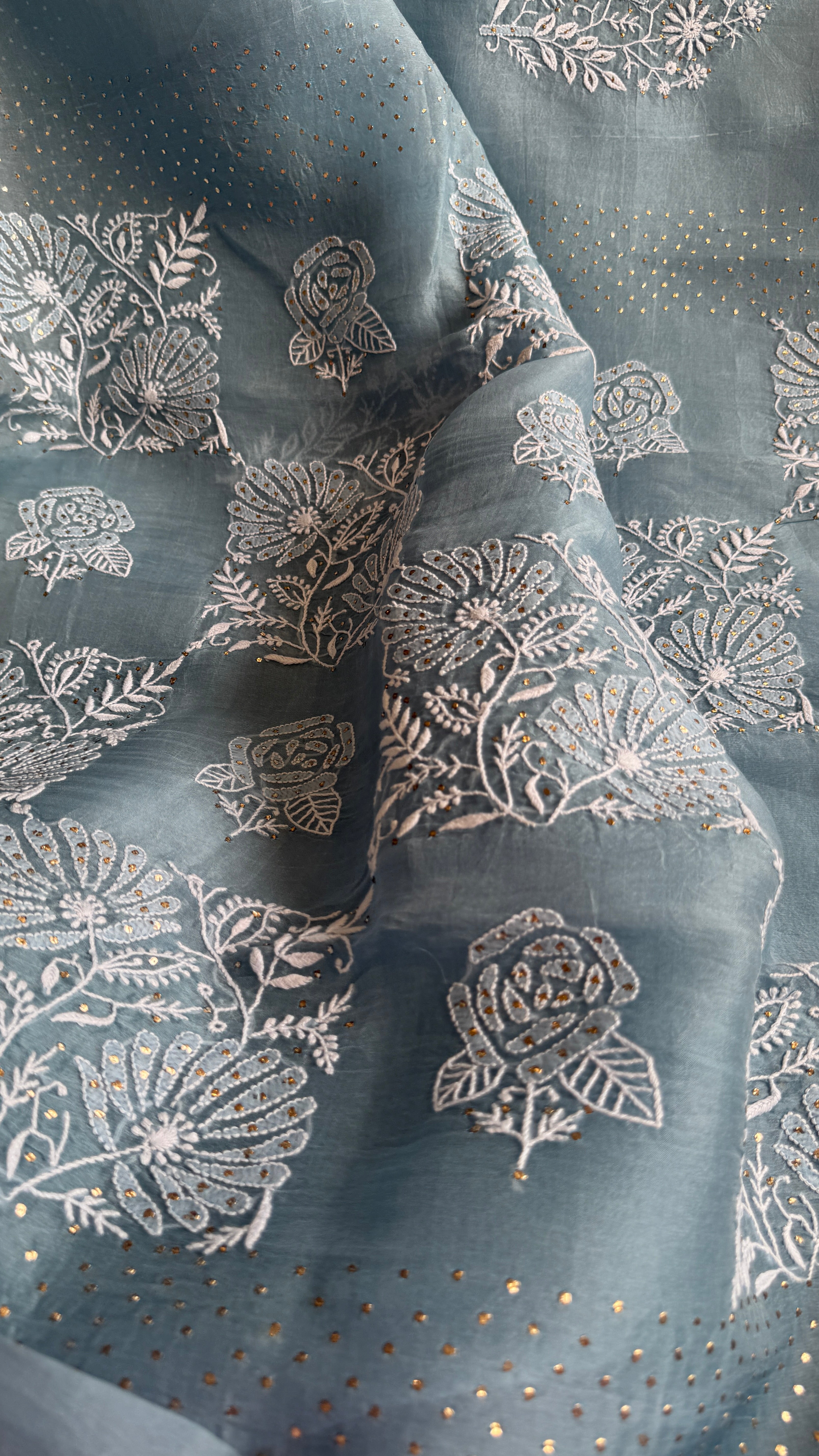 Pure organza Chikankari saree in Blue with Mukaish work