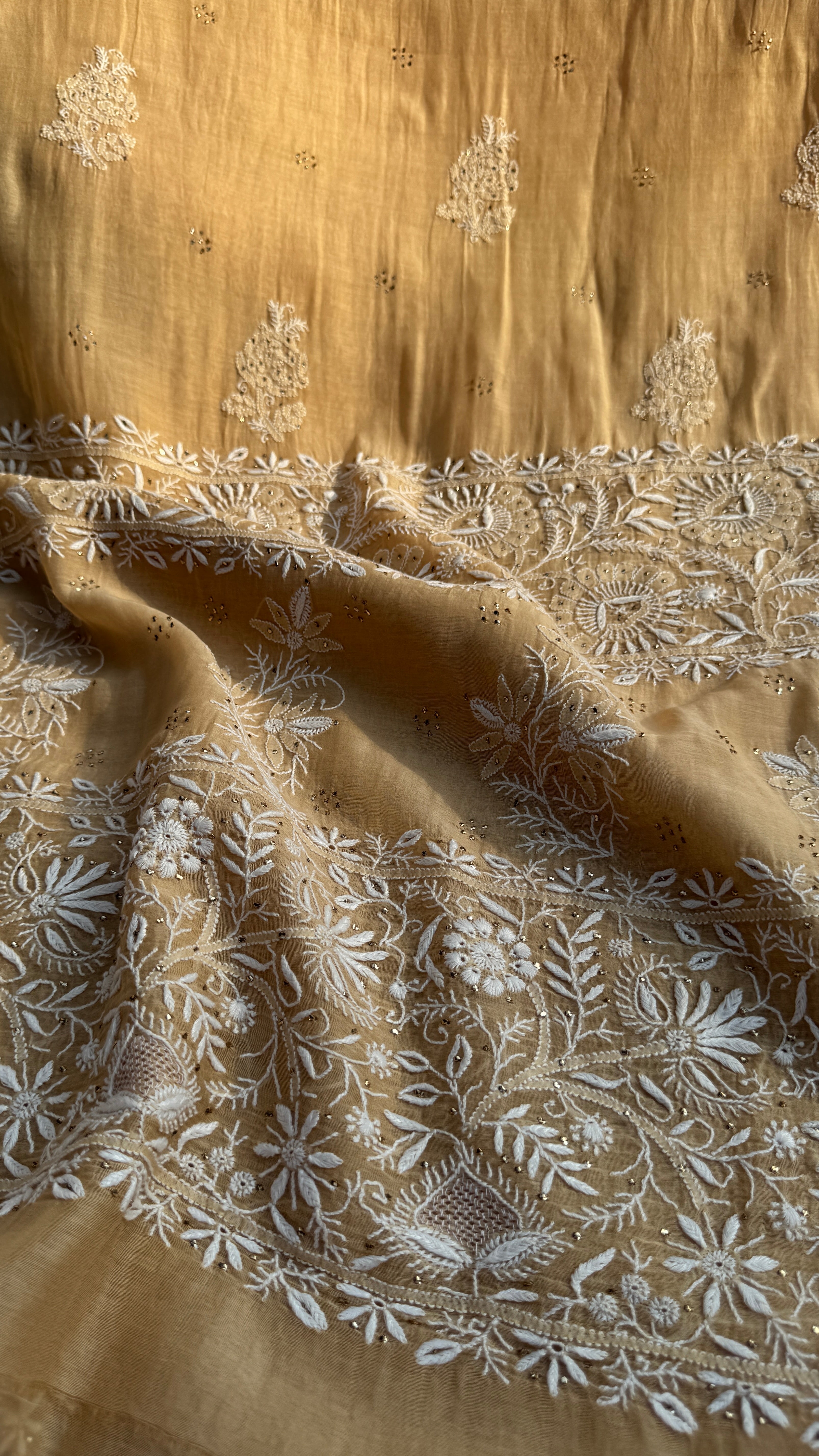 Pure Mul Chanderi Chikankari saree in Beige with Mukaish work