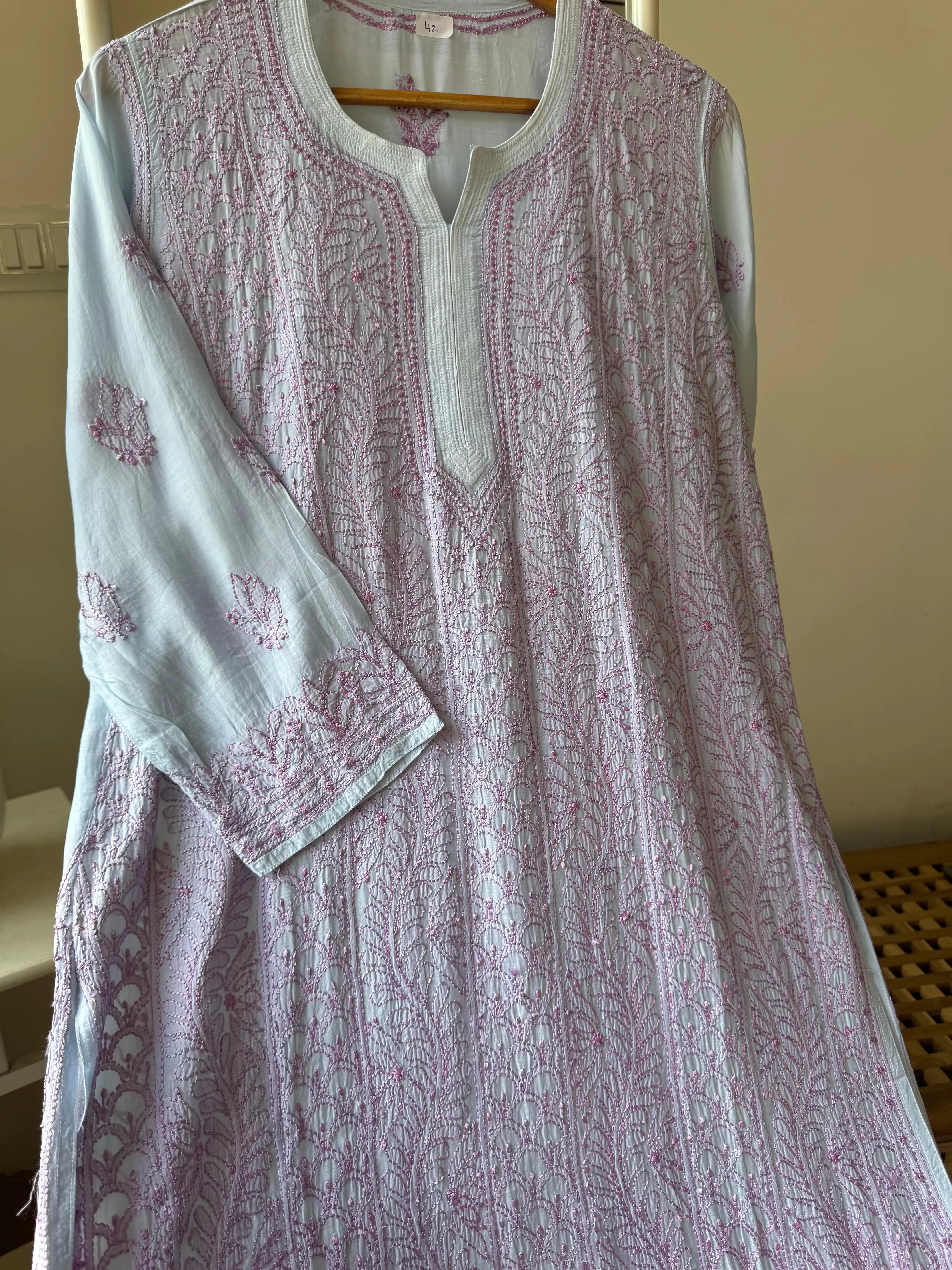 Muslin Chikankari Kurti - Blue ARIAA CHIKANKARI 