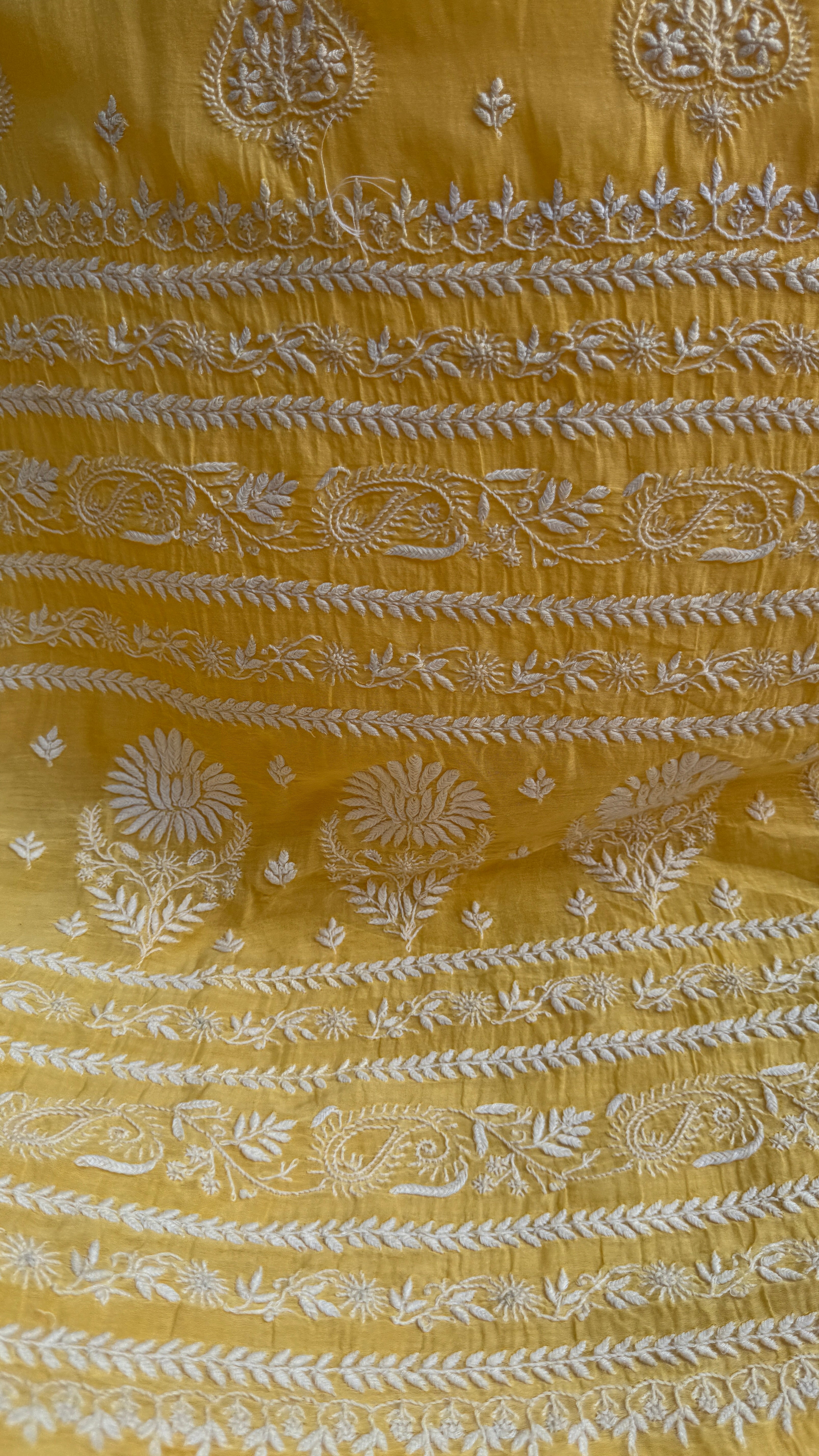 Pure Mul Chanderi Chikankari saree in Yellow