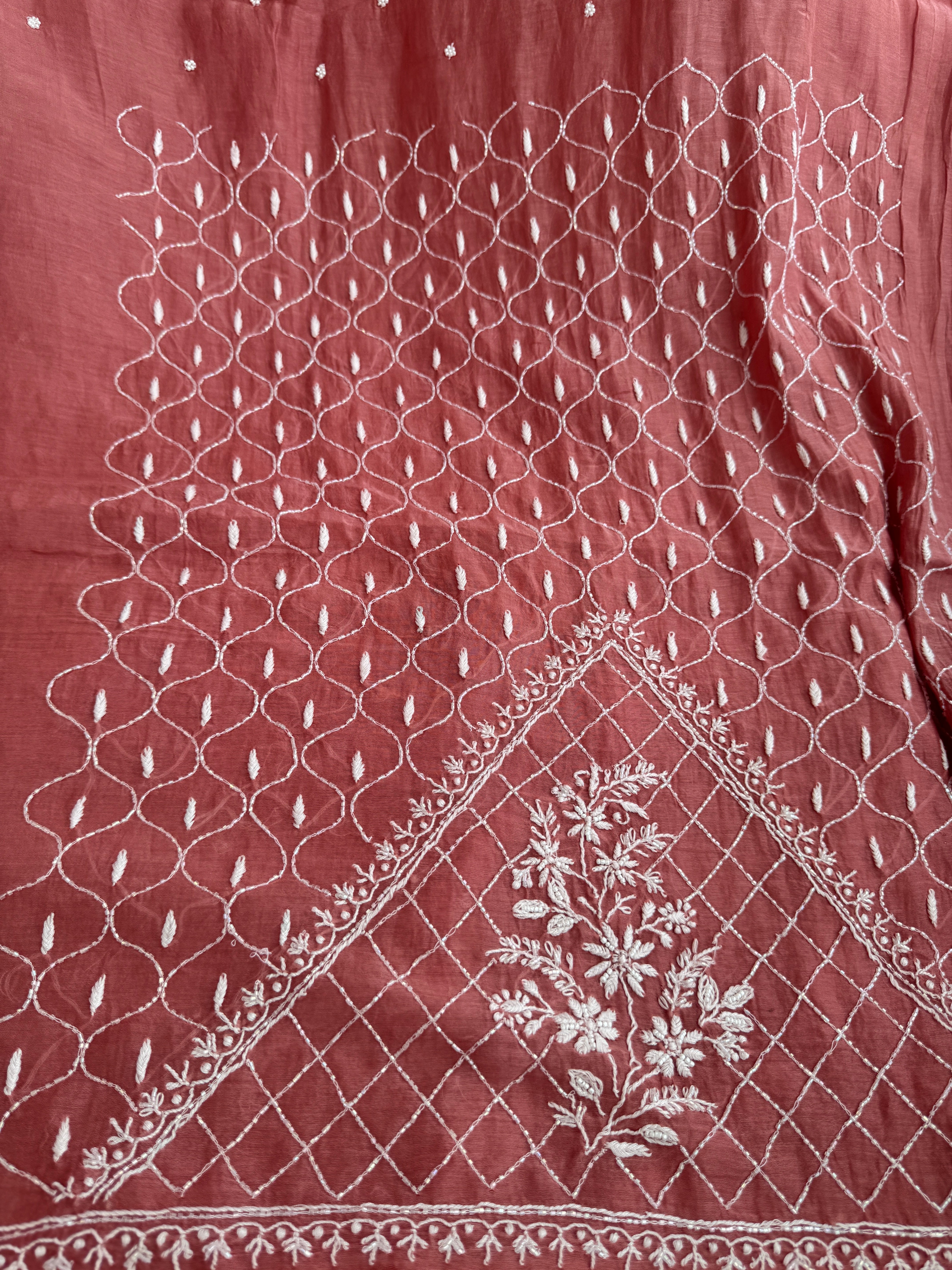 Mul Chanderi Chikankari  - Rosewood Pink ARIAA CHIKANKARI 