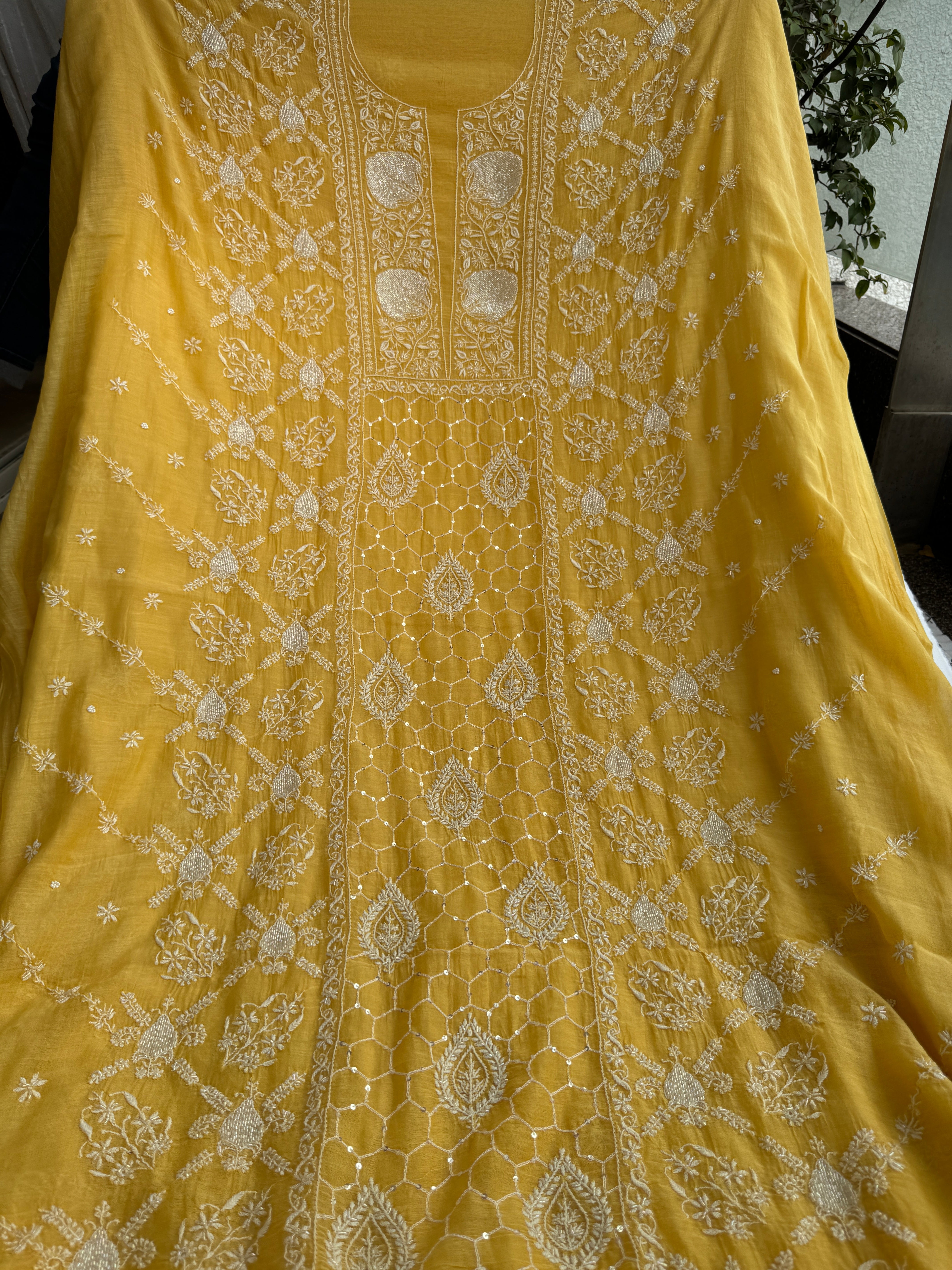 Mul Chanderi Chikankari - Heavy Unstitched Set -Yellow ARIAA CHIKANKARI 