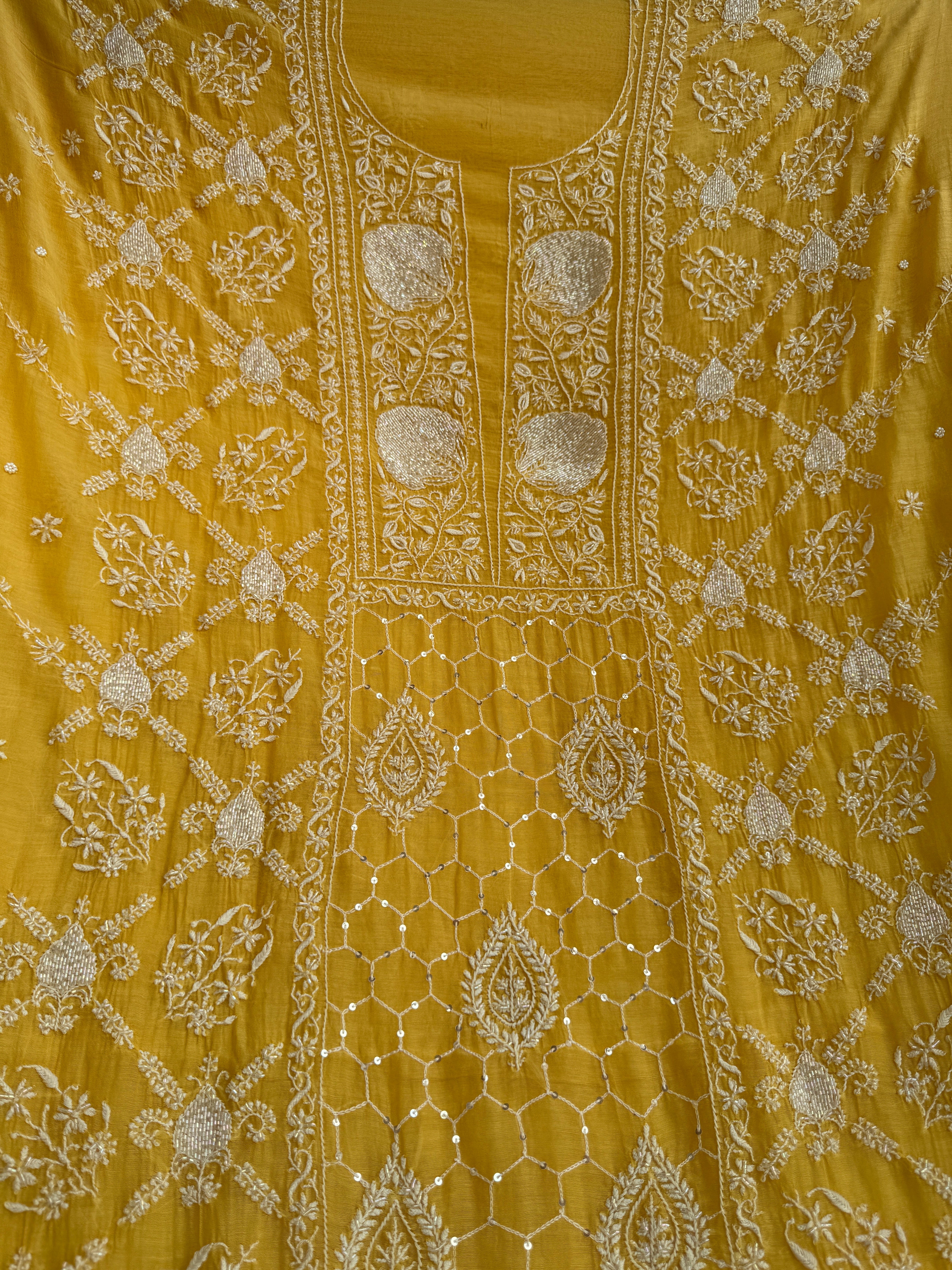 Mul Chanderi Chikankari - Heavy Unstitched Set -Yellow ARIAA CHIKANKARI 