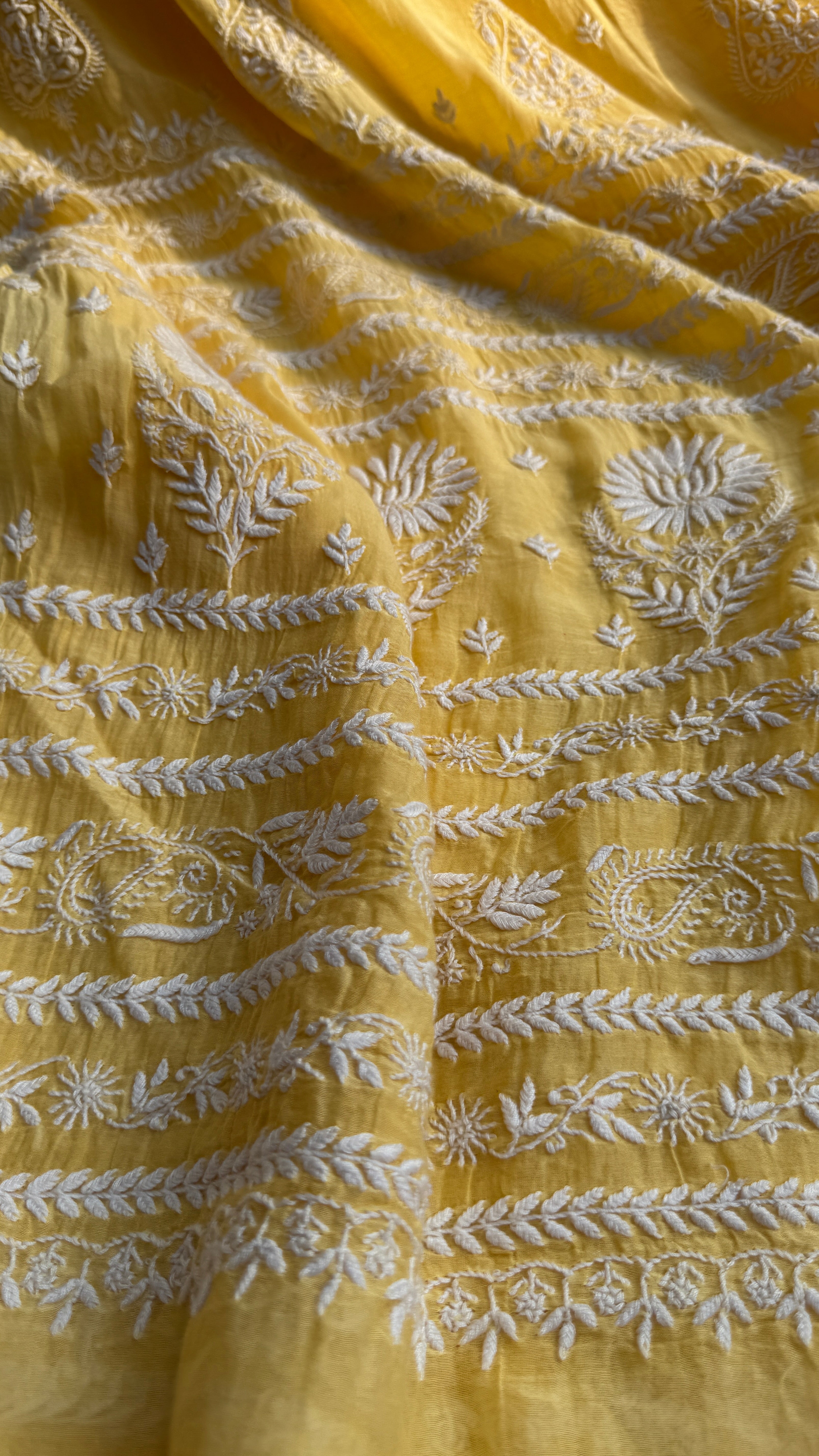Pure Mul Chanderi Chikankari saree in Yellow