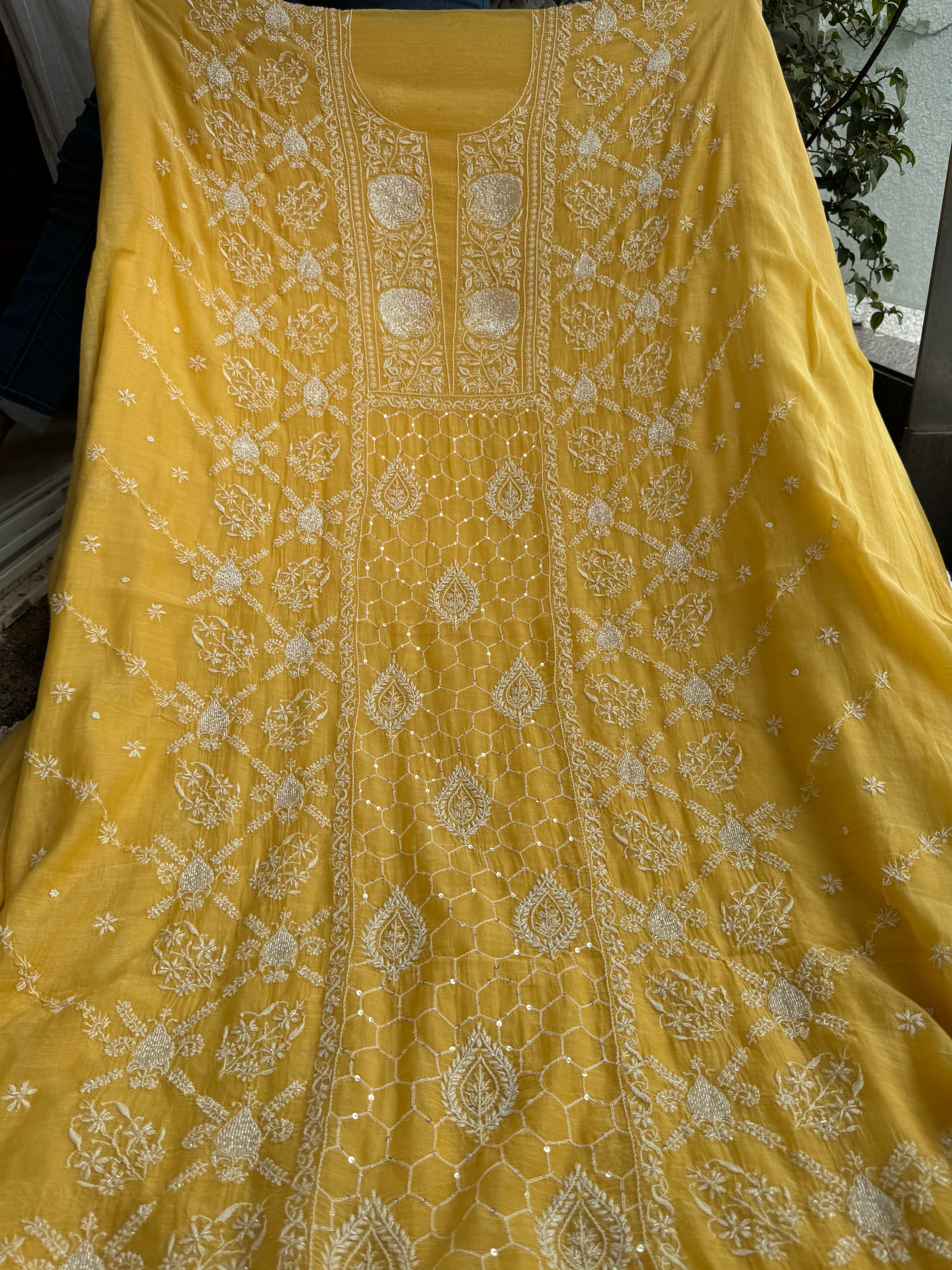 Mul Chanderi Chikankari - Heavy Unstitched Set -Yellow ARIAA CHIKANKARI 