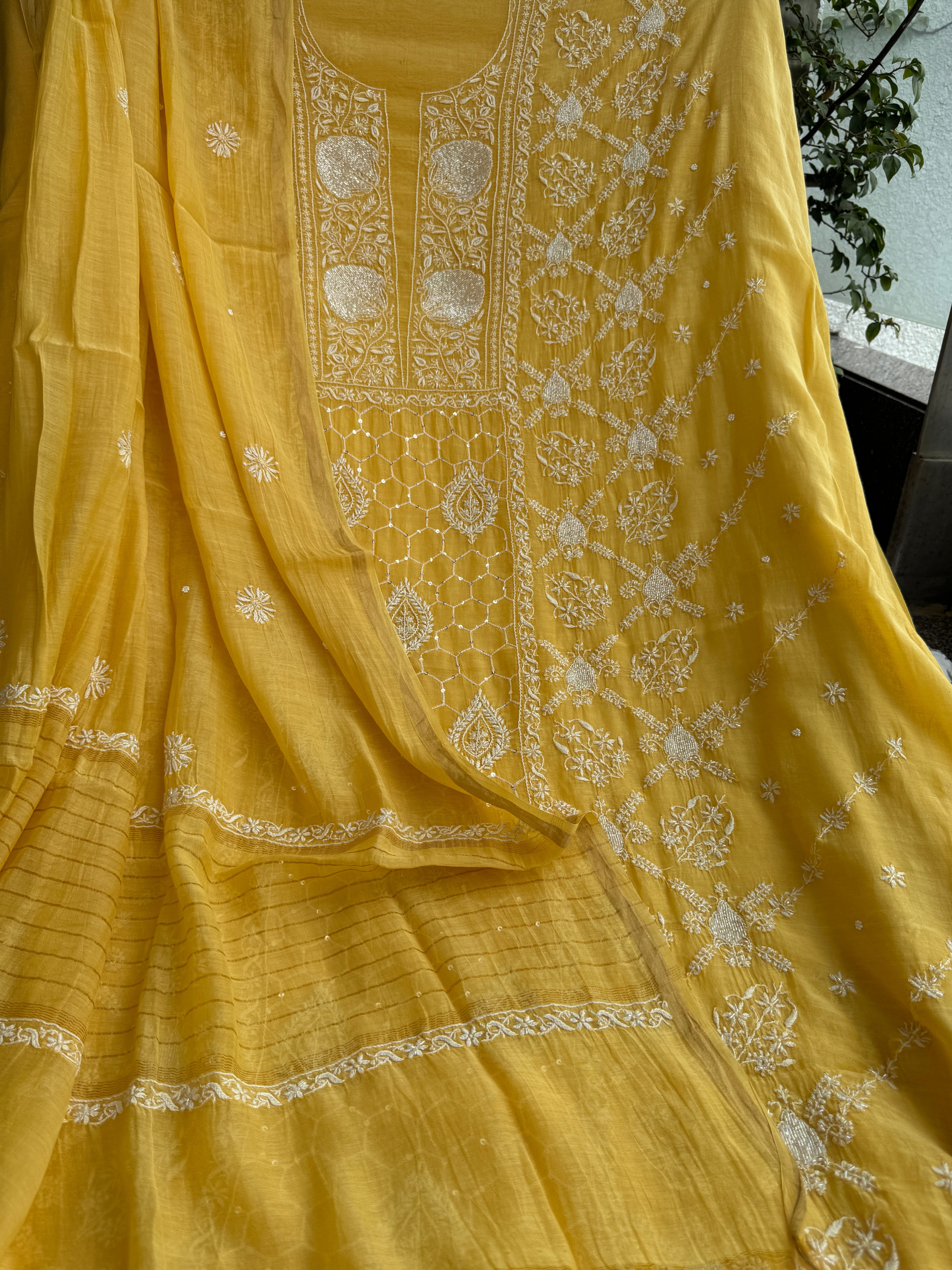 Mul Chanderi Chikankari - Heavy Unstitched Set -Yellow ARIAA CHIKANKARI 