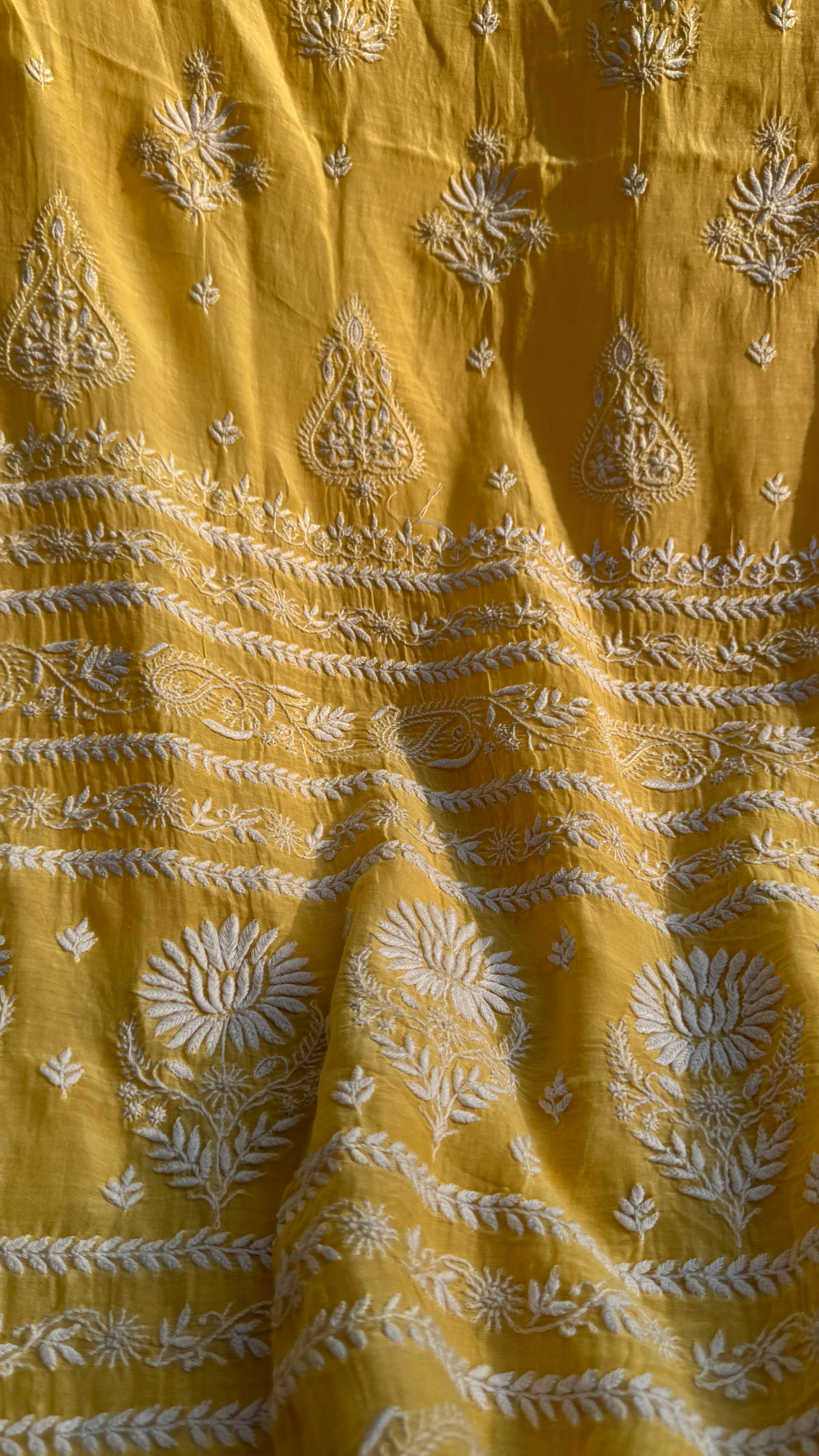 Pure Mul Chanderi Chikankari saree in Yellow