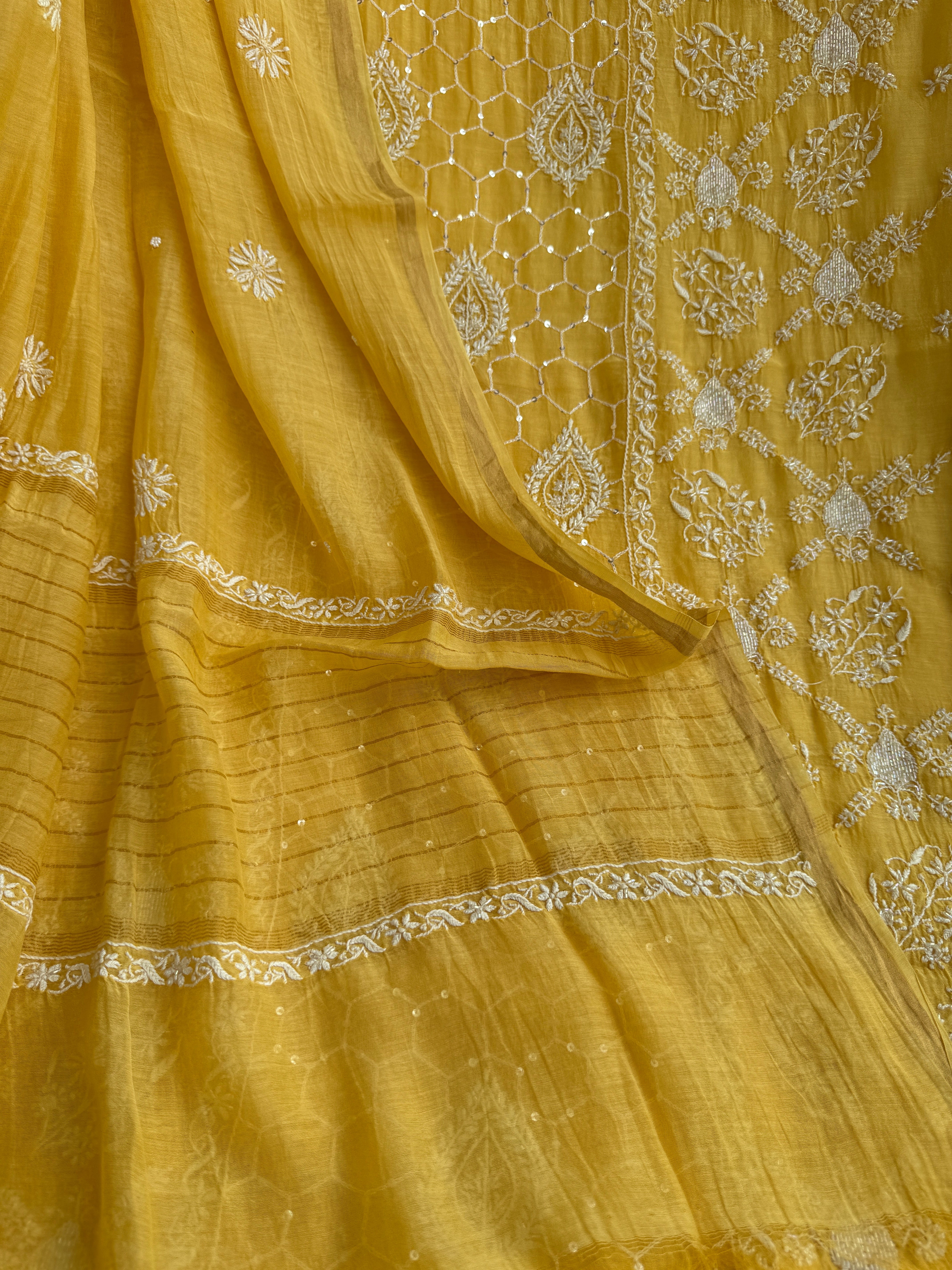 Mul Chanderi Chikankari - Heavy Unstitched Set -Yellow ARIAA CHIKANKARI 