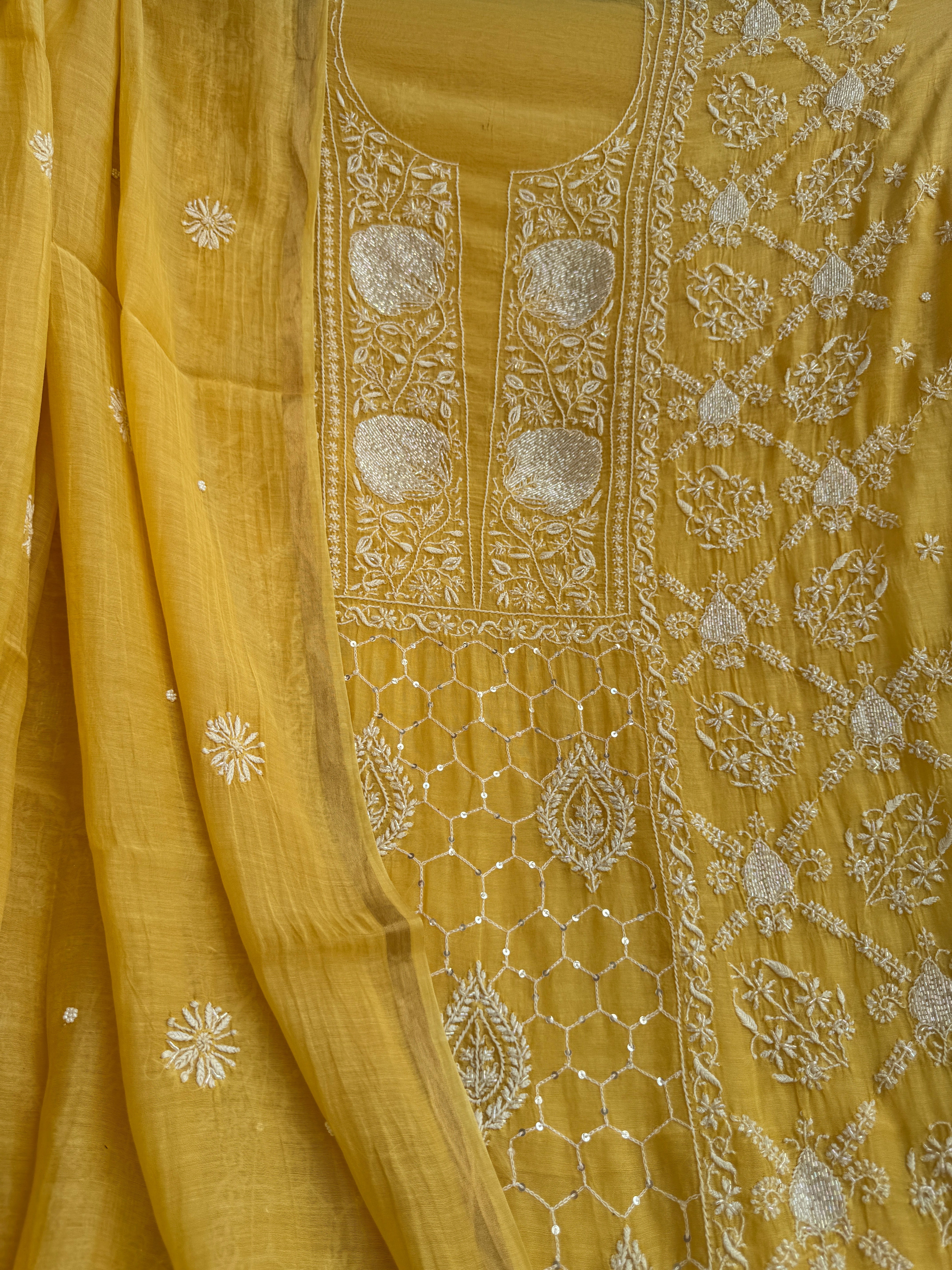 Mul Chanderi Chikankari - Heavy Unstitched Set -Yellow ARIAA CHIKANKARI 