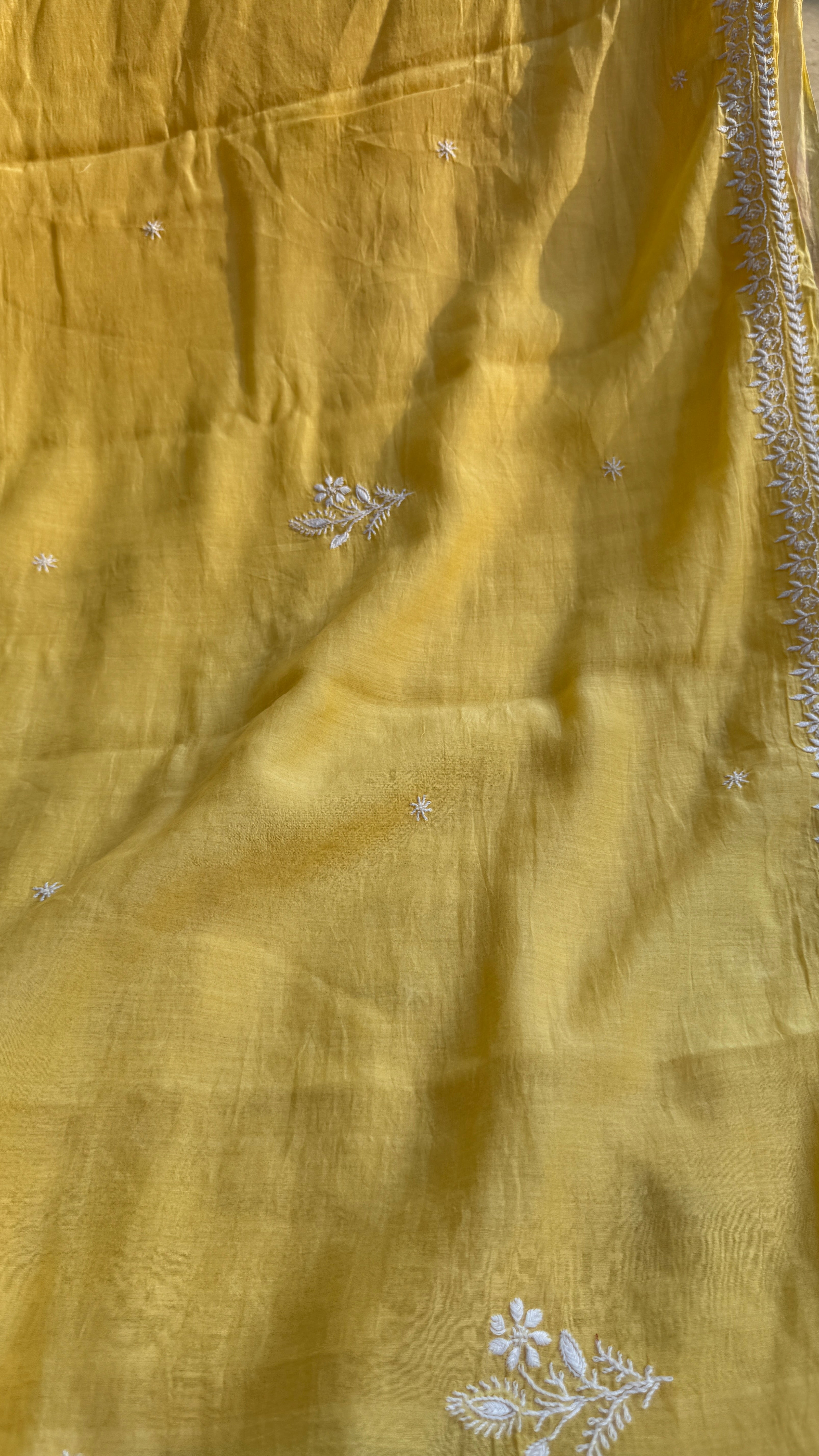 Pure Mul Chanderi Chikankari saree in Yellow
