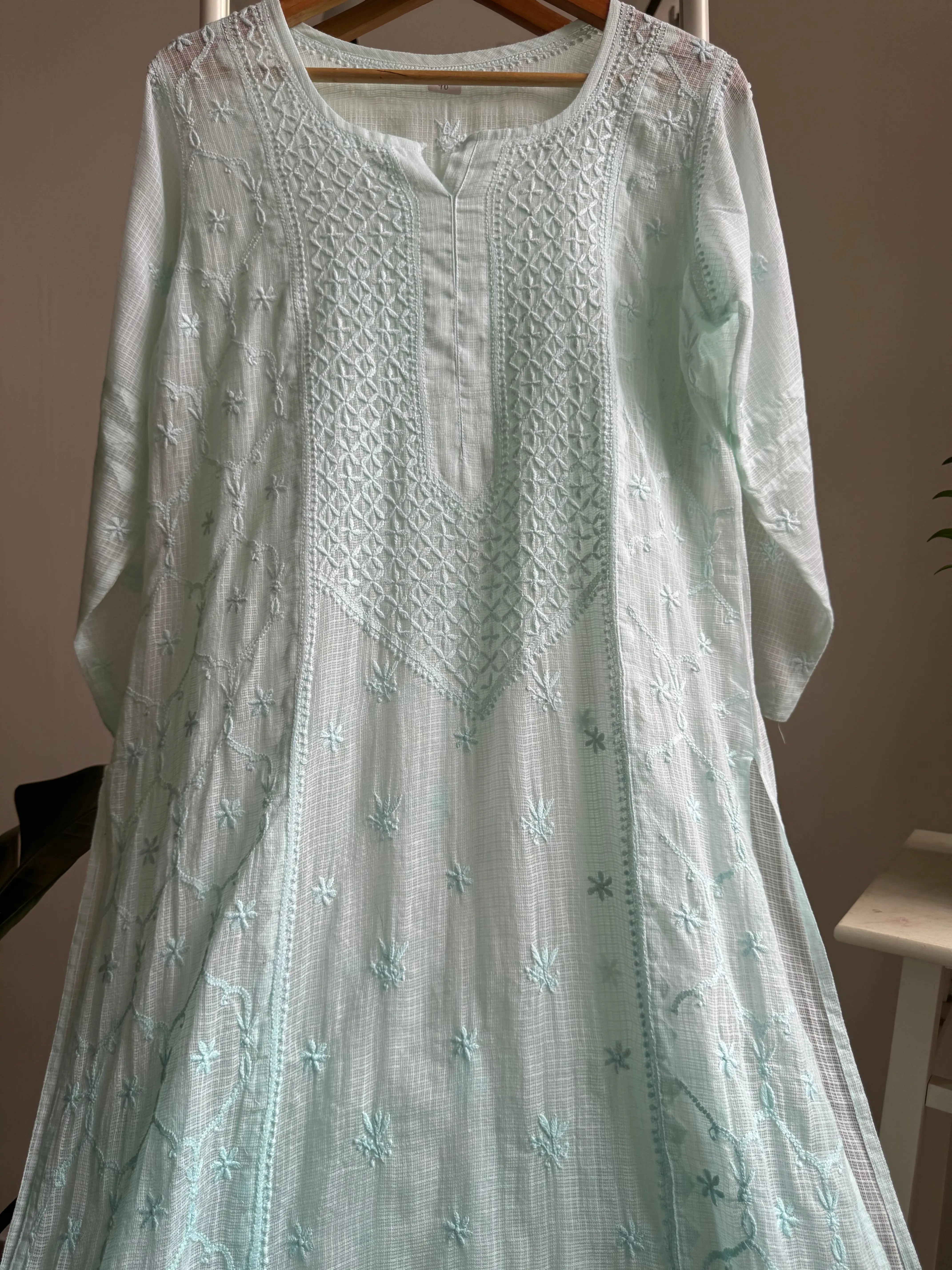 Kota Soft Cotton Chikankari Kurti - Cyan Green ARIAA CHIKANKARI 