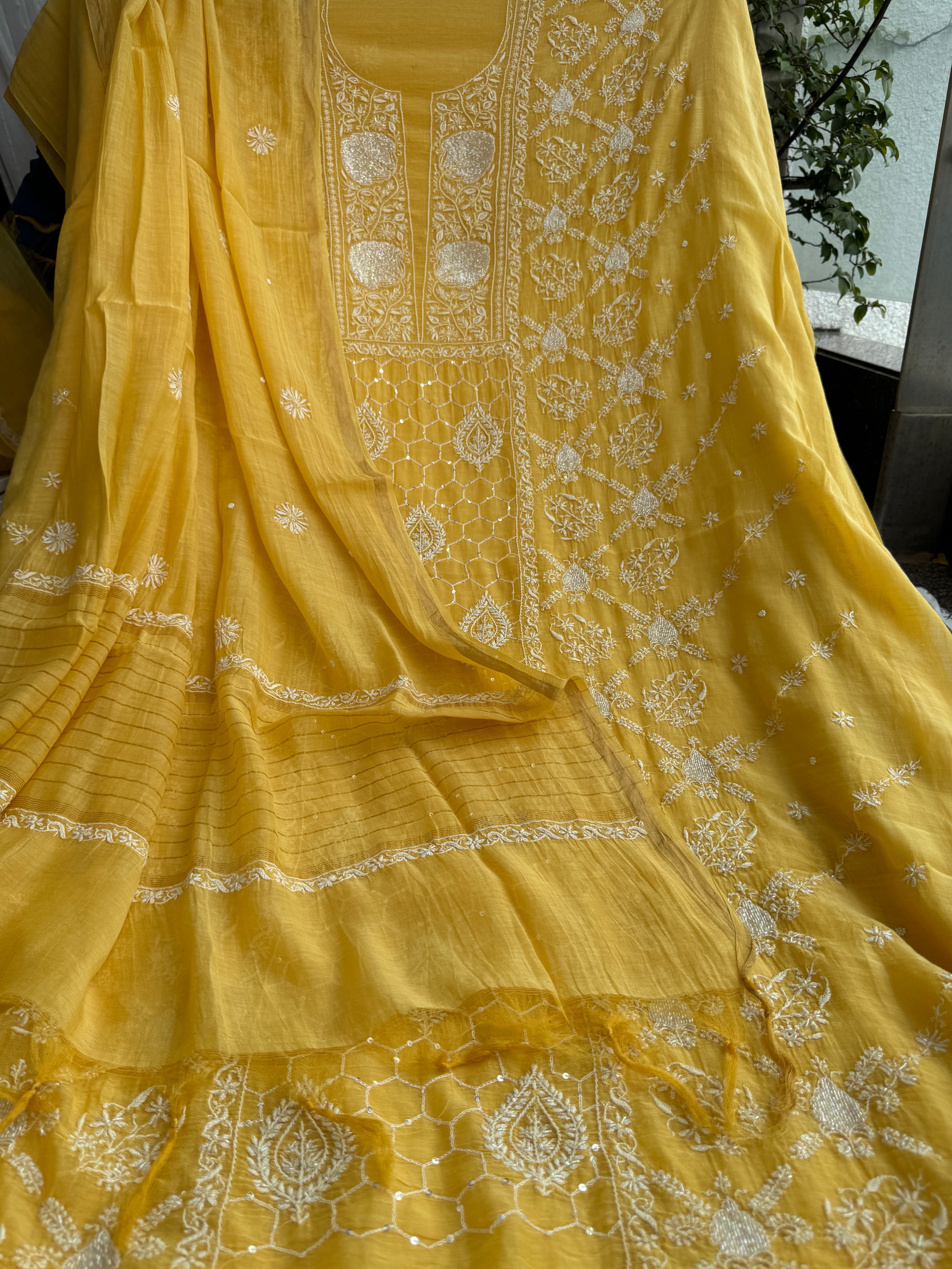 Mul Chanderi Chikankari - Heavy Unstitched Set -Yellow ARIAA CHIKANKARI 