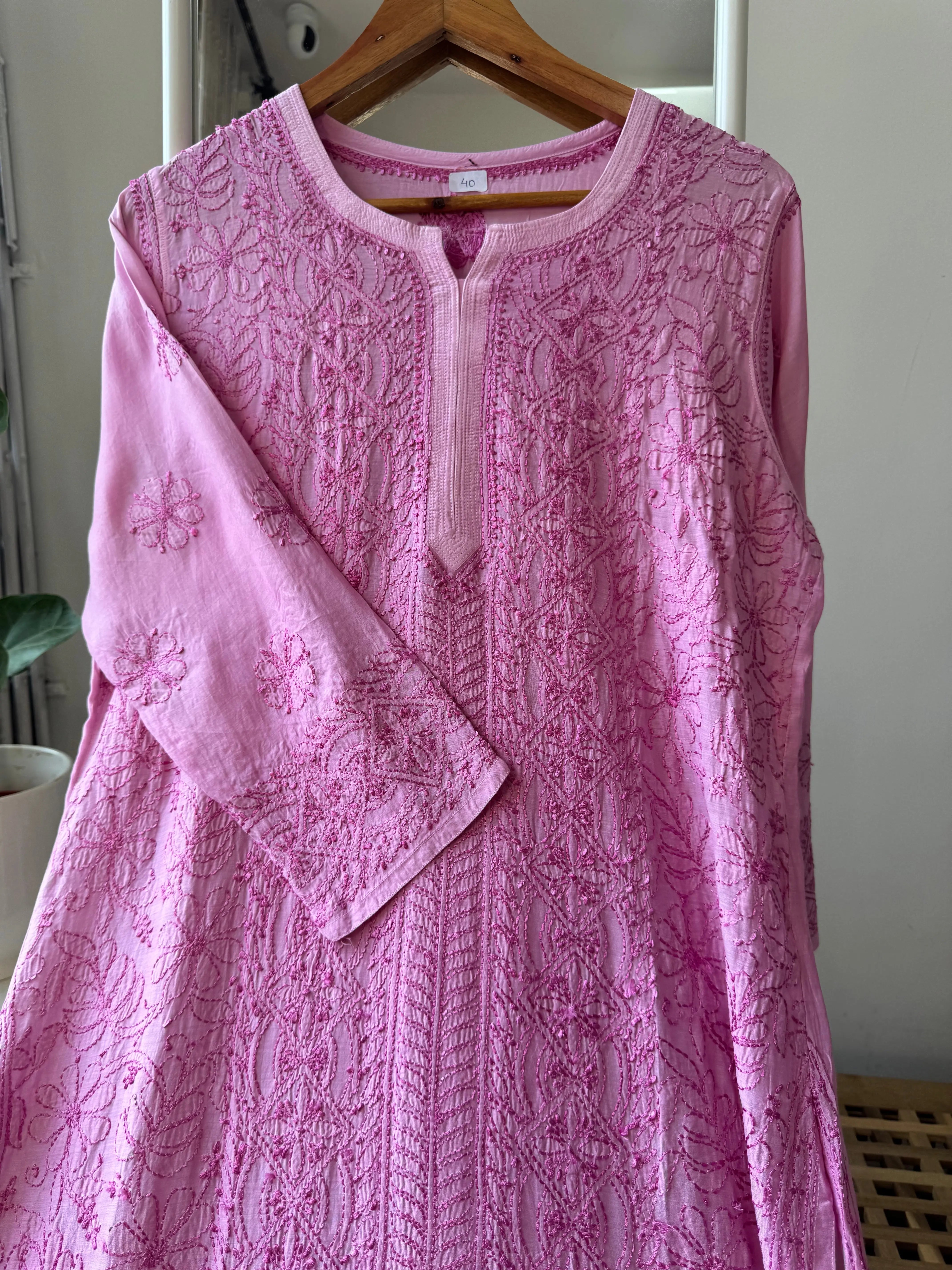 Muslin Chikankari Kurti - Pink ARIAA CHIKANKARI 