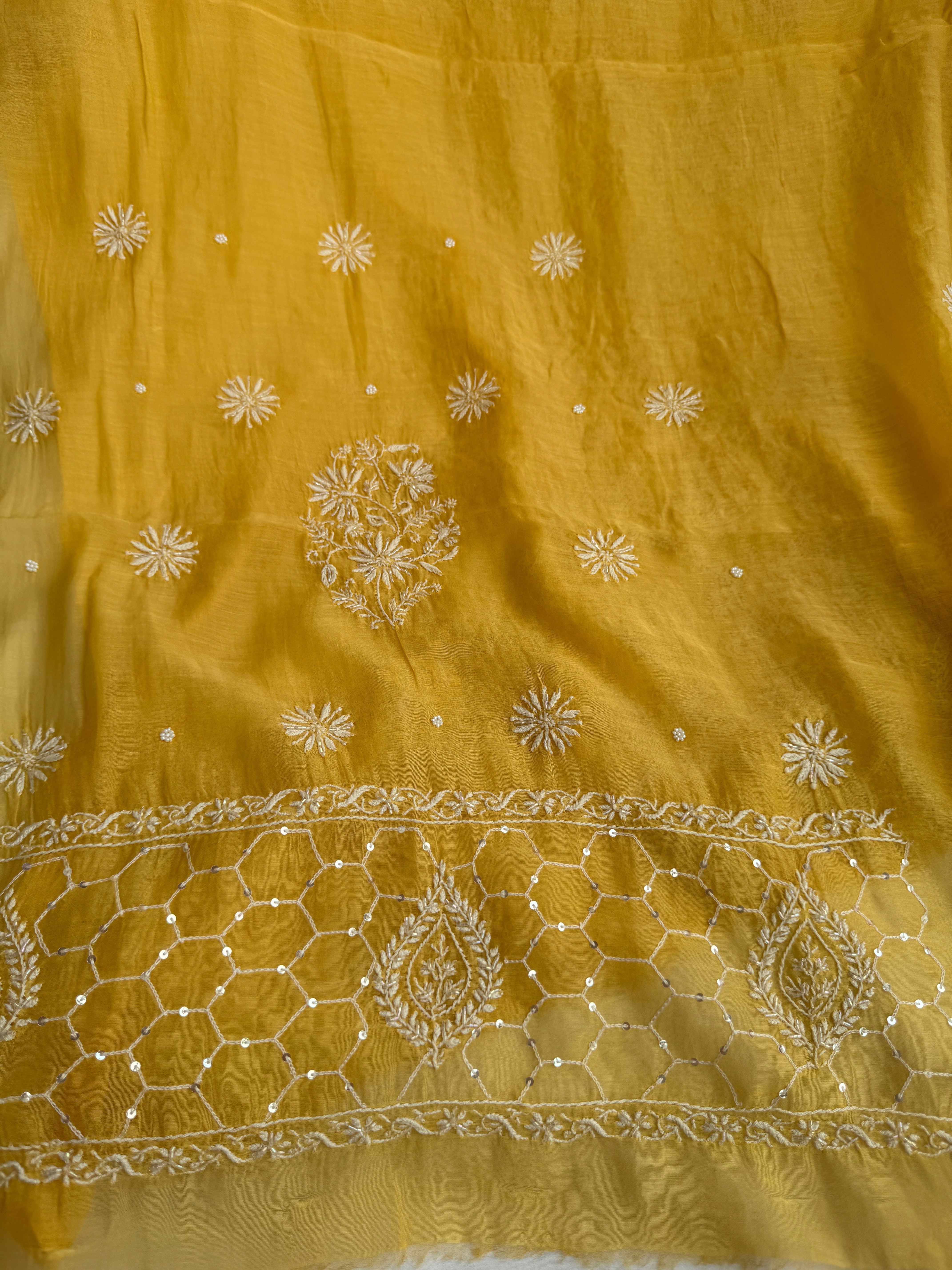 Mul Chanderi Chikankari - Heavy Unstitched Set -Yellow ARIAA CHIKANKARI 