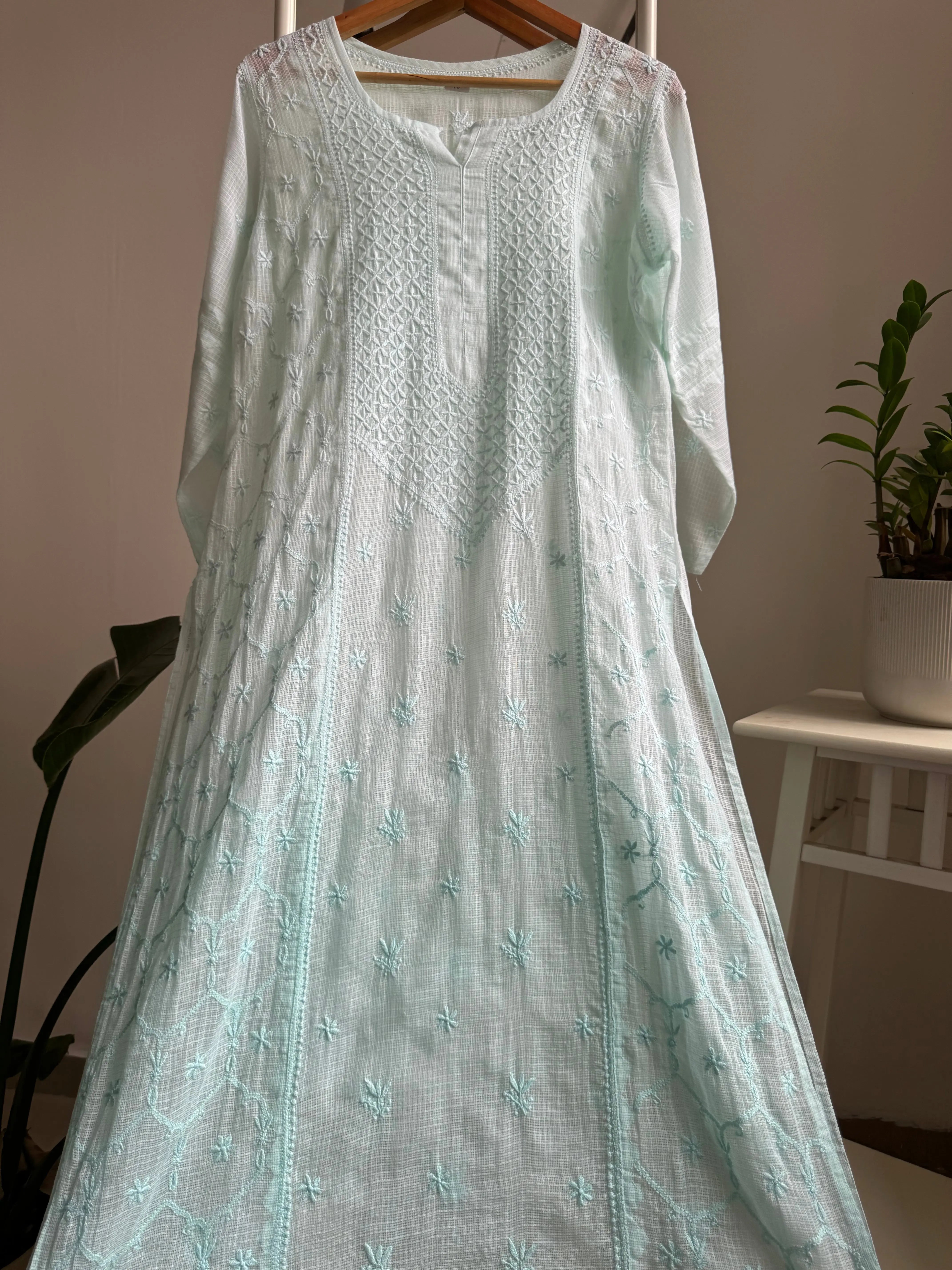 Kota Soft Cotton Chikankari Kurti - Cyan Green ARIAA CHIKANKARI 