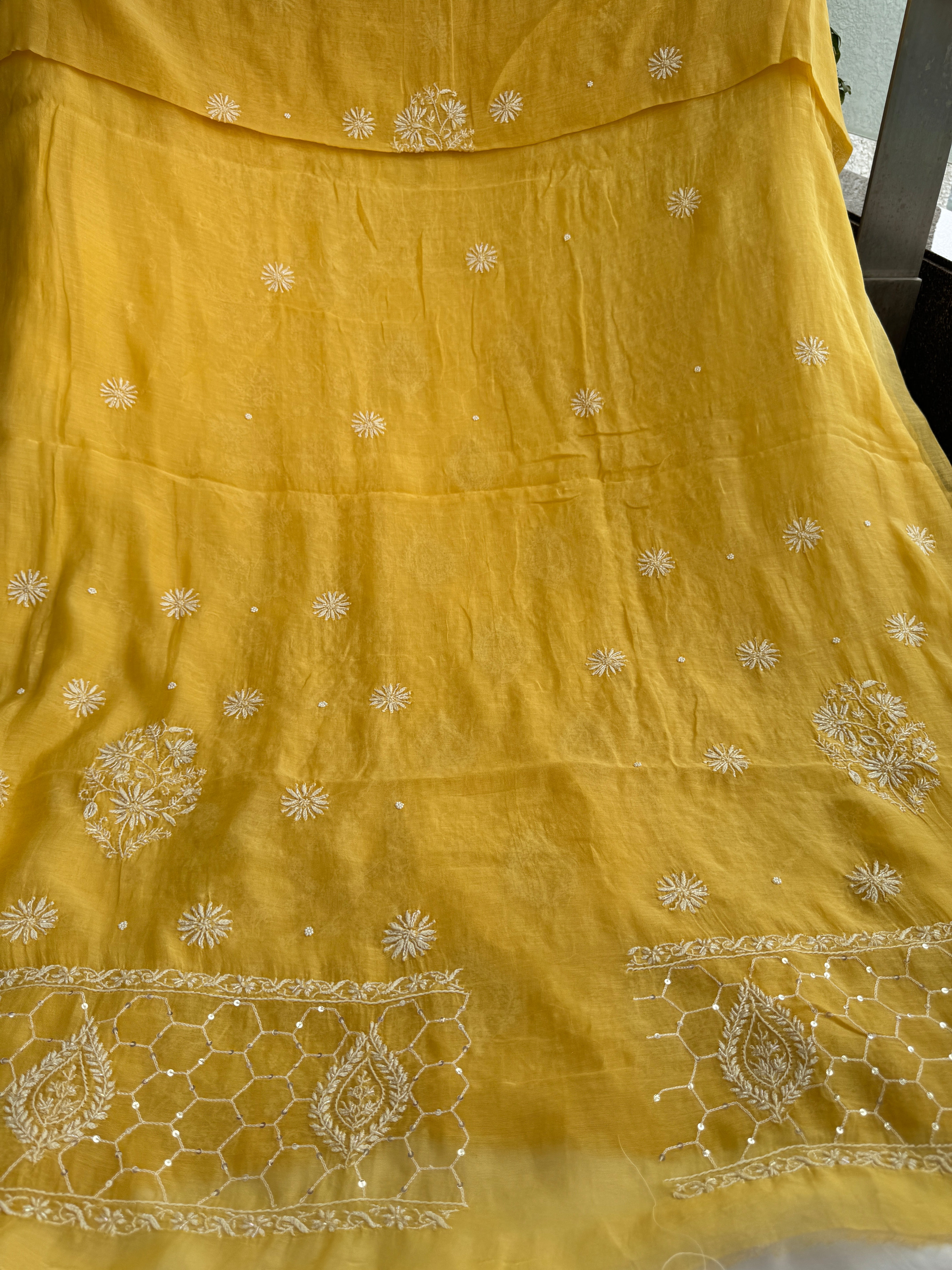 Mul Chanderi Chikankari - Heavy Unstitched Set -Yellow ARIAA CHIKANKARI 