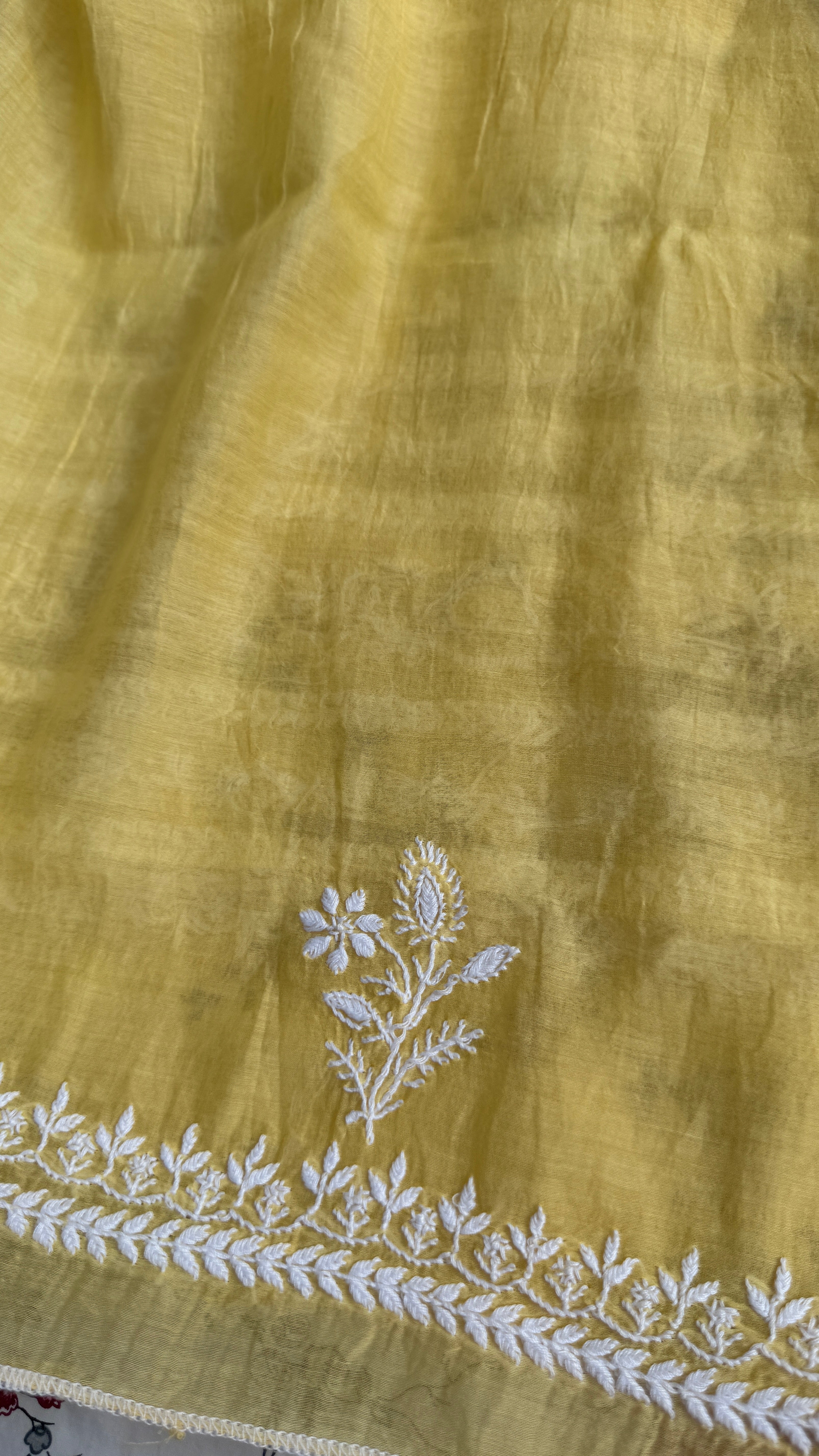 Pure Mul Chanderi Chikankari saree in Yellow